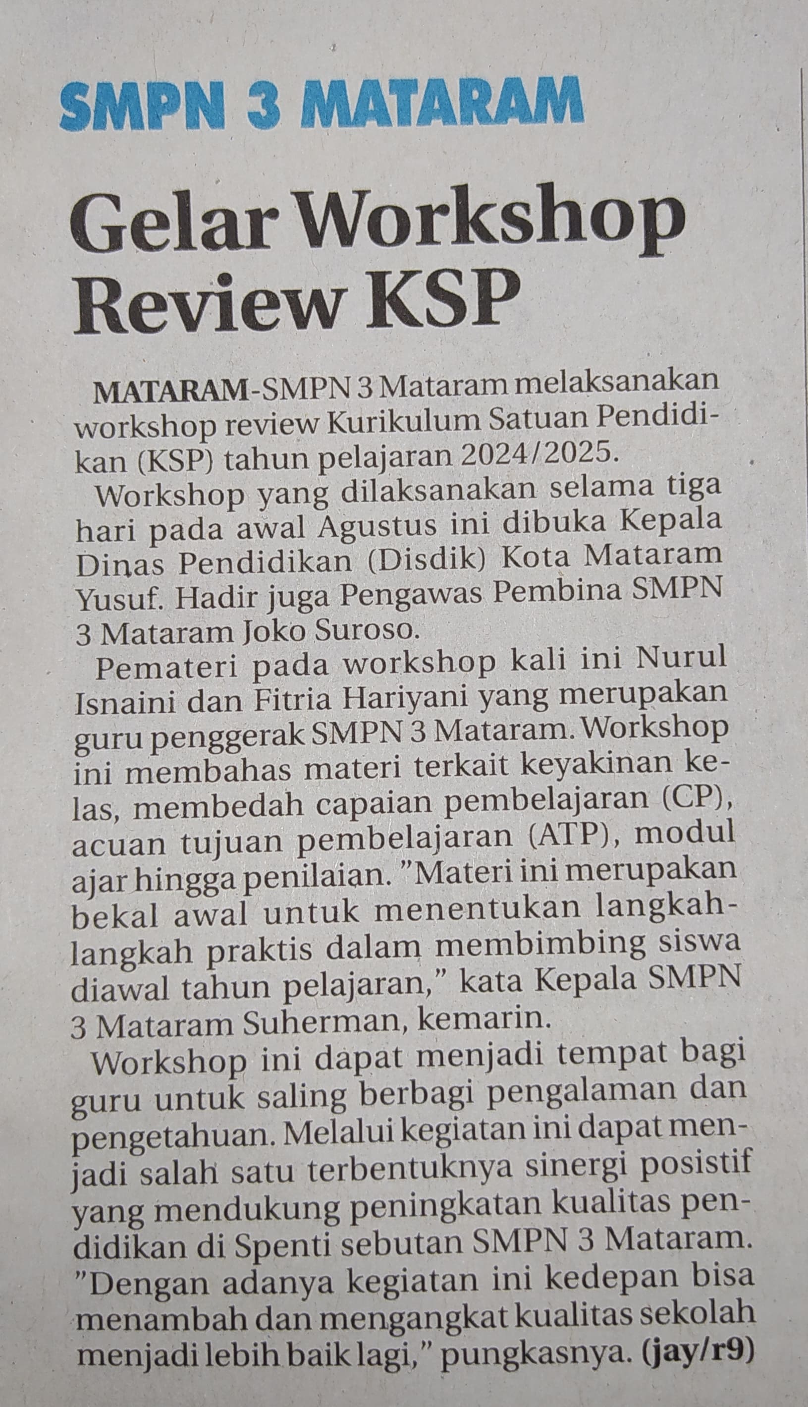 SMPN 3 Mataram, Gelar Workshop Review KSP