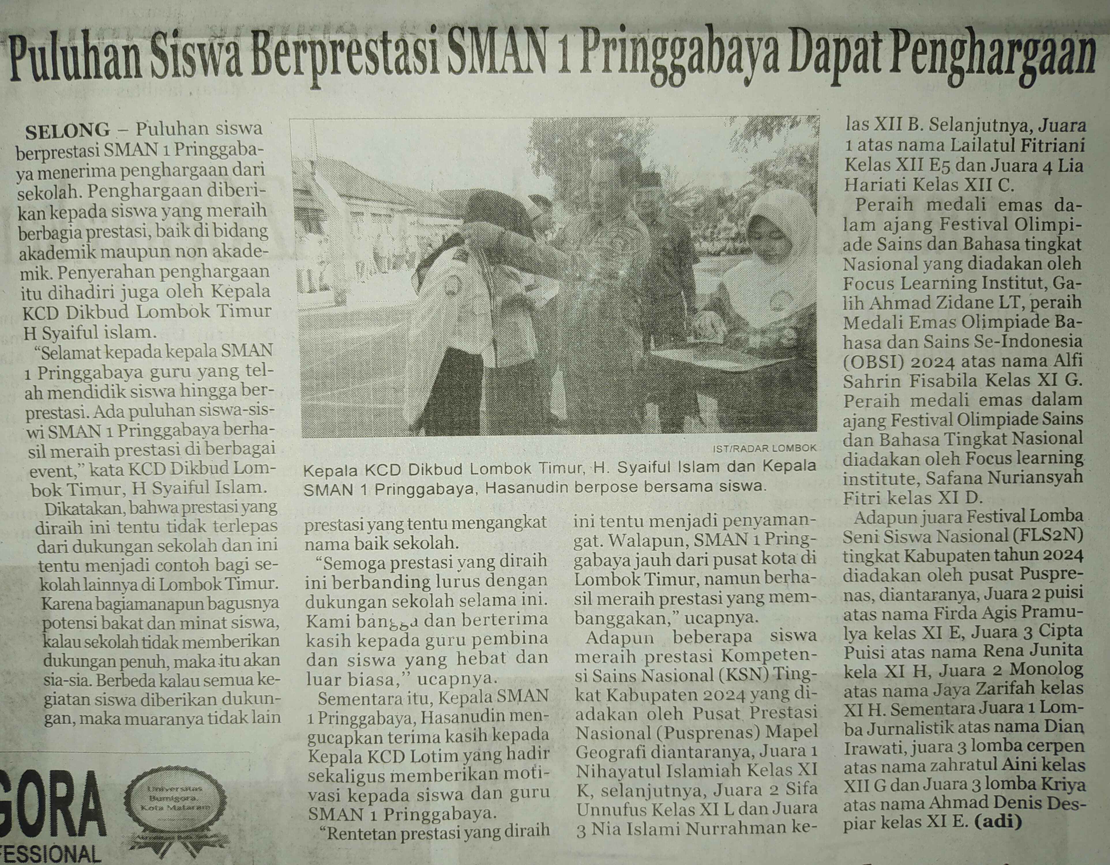Puluhan Siswa Berprestasi SMAN 1 Pringgabaya Dapat Penghargaan