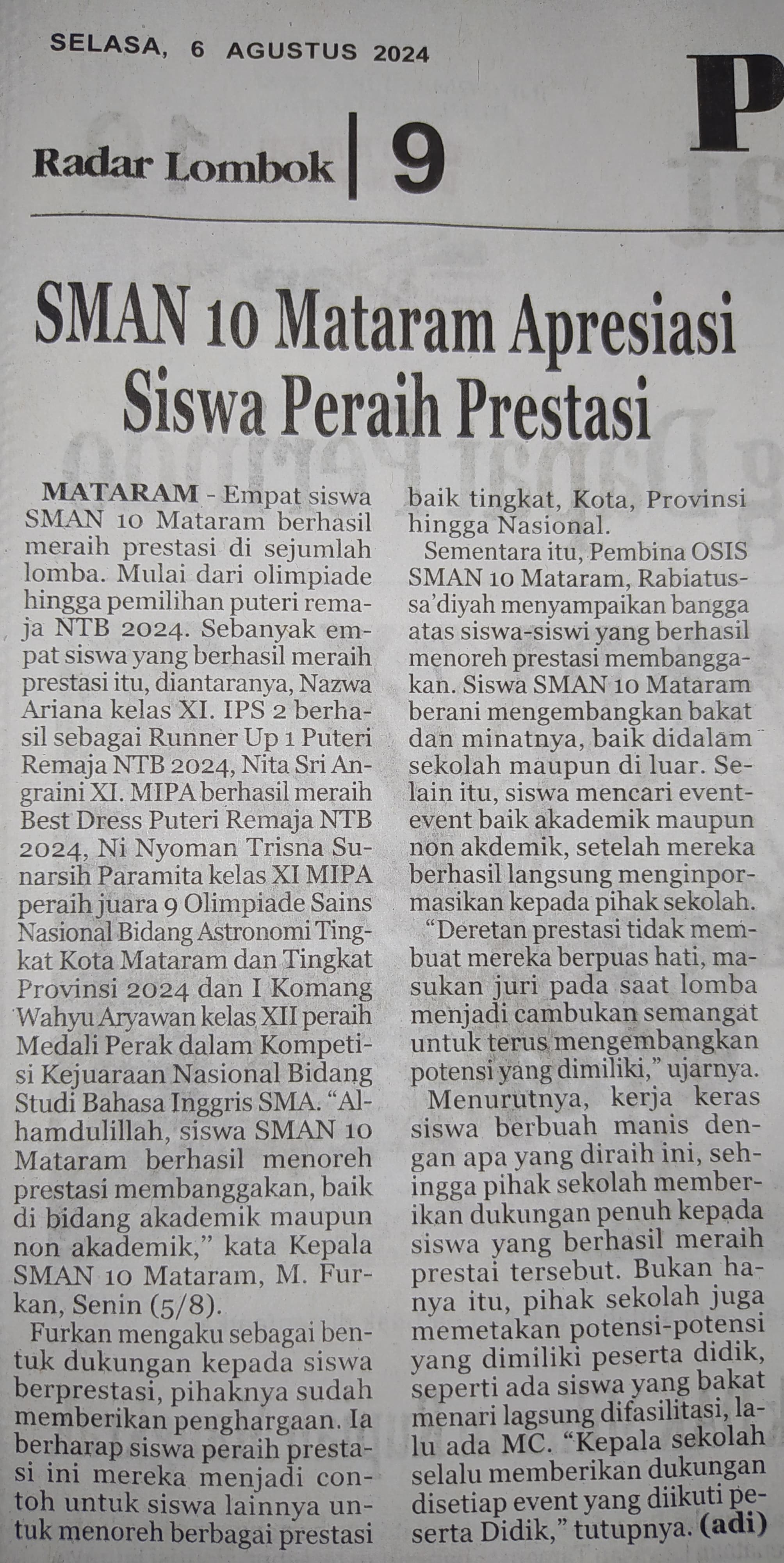 SMAN 10 Mataram Apresiasi Siswa Peraih Prestasi