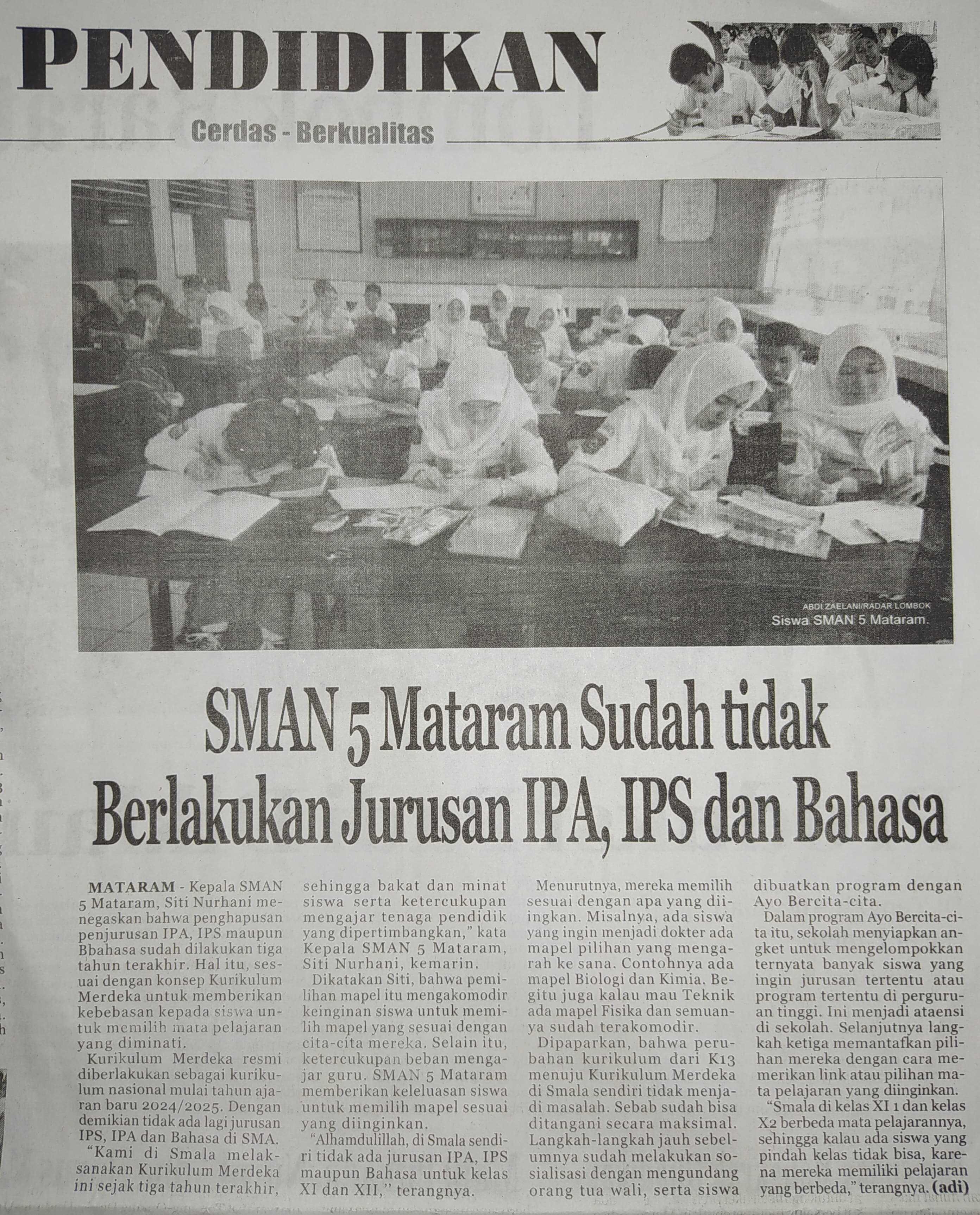 SMAN 5 Mataram Sudah Tidak Berlakukan Jurusan IPA, IPS dan Bahasa