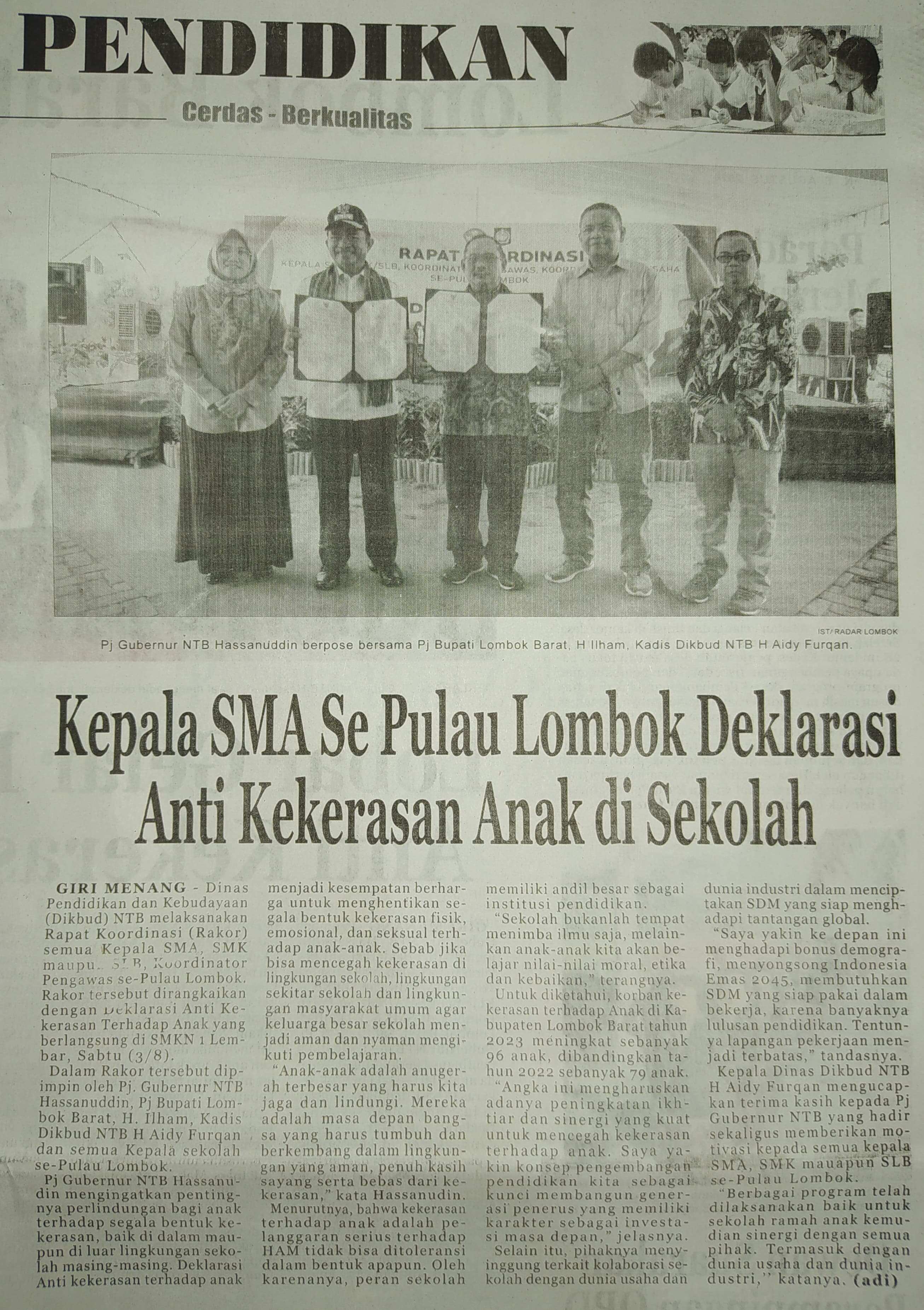 Kepala SMA Se Pulau Lombok Deklarasi Anti Kekerasan Anak di Sekolah