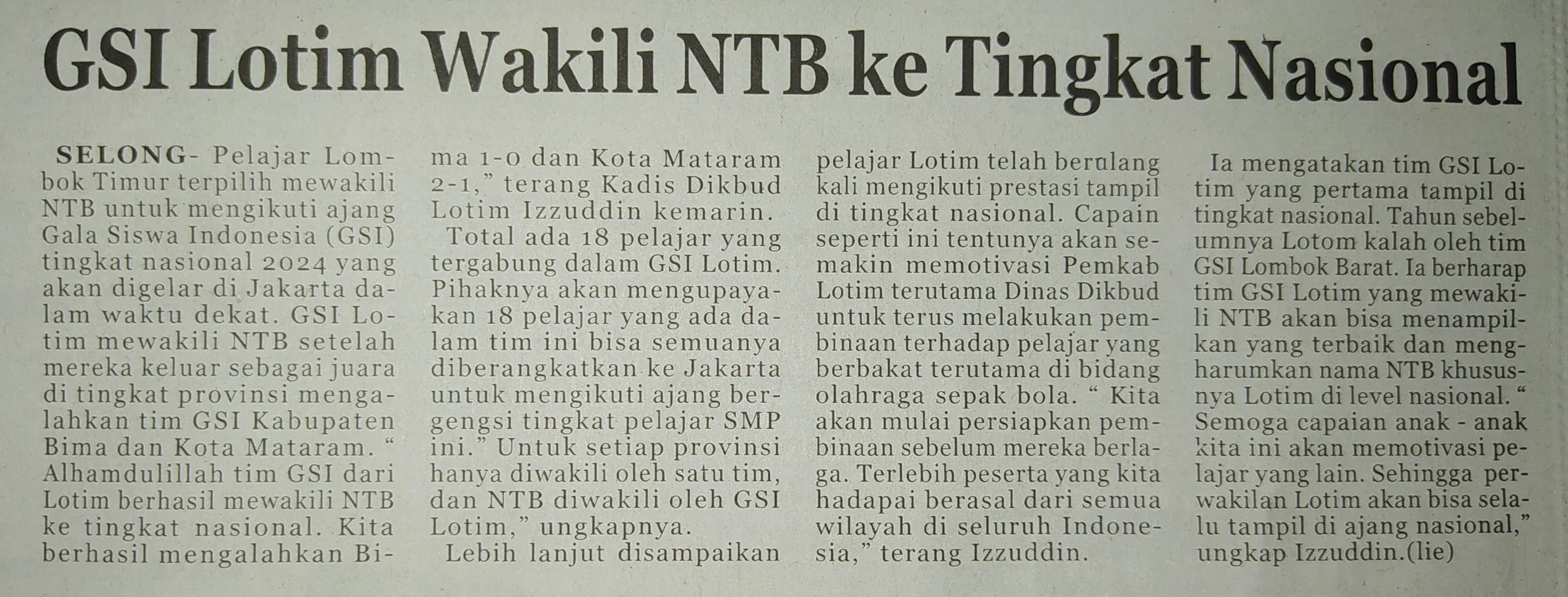 GSI Lotim Wakili NTB ke Tingkat Nasional