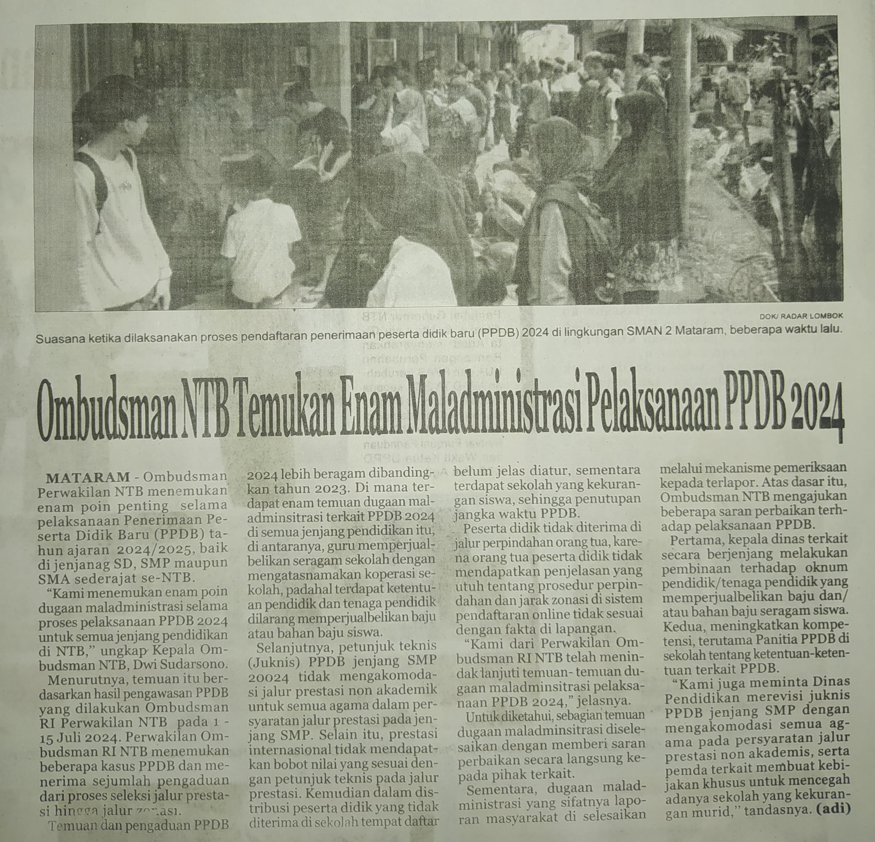 Ombudsman NTB Temukan 6 Maladministrasi Pelaksanaan PPDB 2024