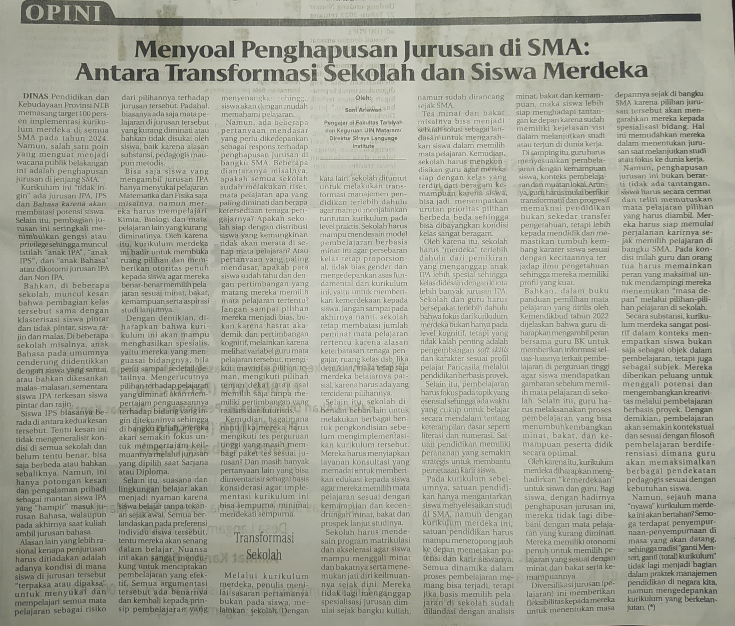 Menyoal Penghapusan Jurusan di SMA : Antara Transformasi Sekolah dan Siswa Merdeka