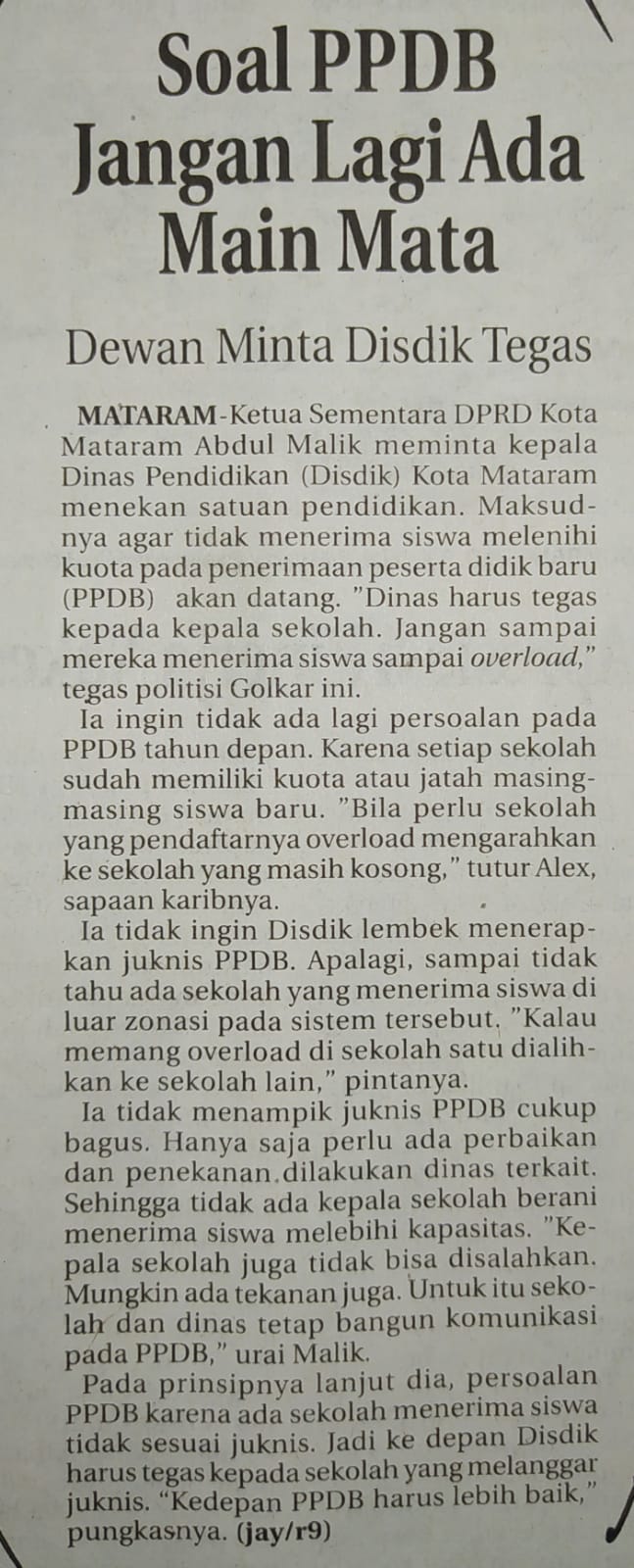 Soal PPDB Jangan Lagi Ada Main Mata