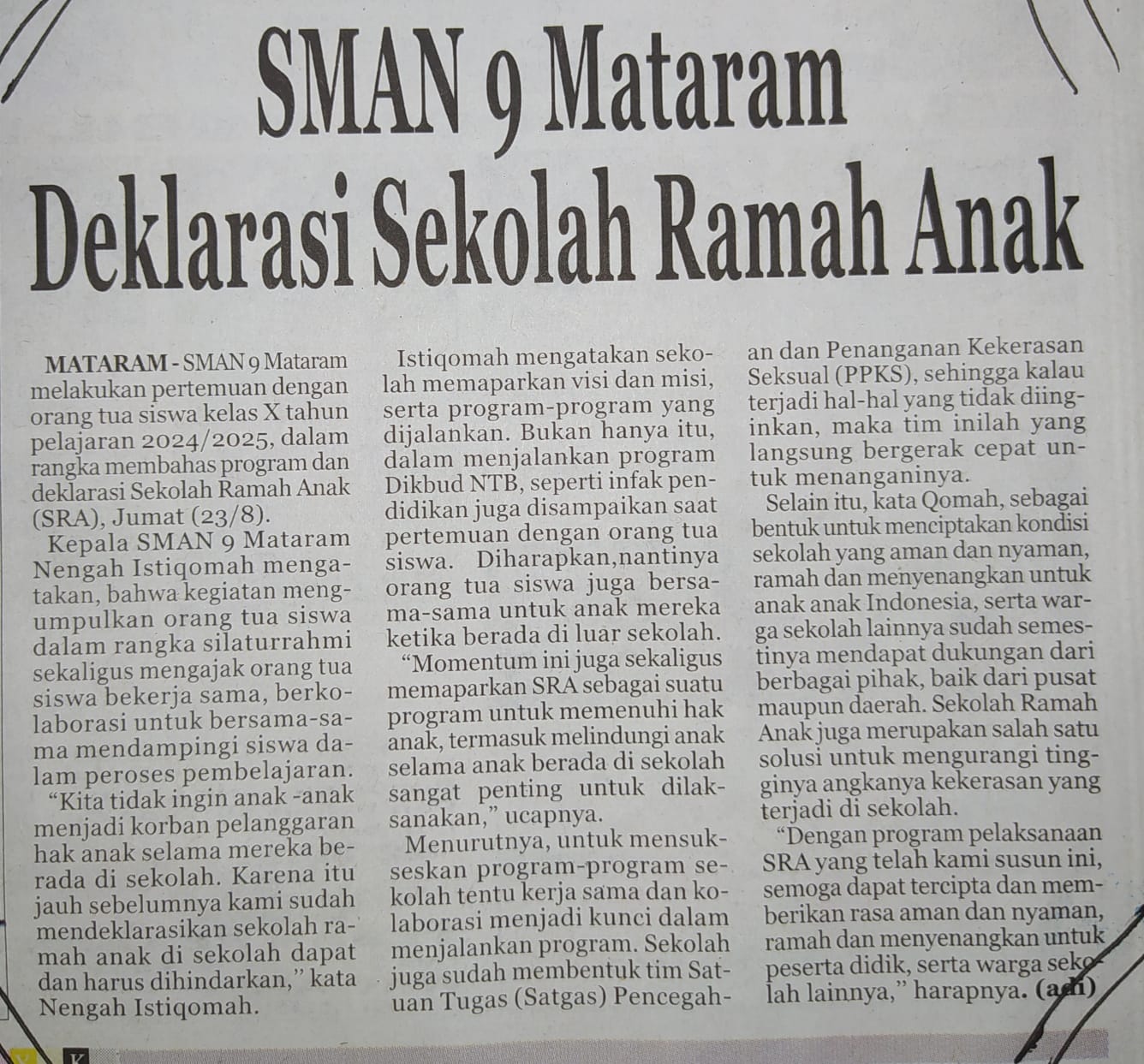 SMAN 9 Mataram Deklarasi Sekolah Ramah Anak