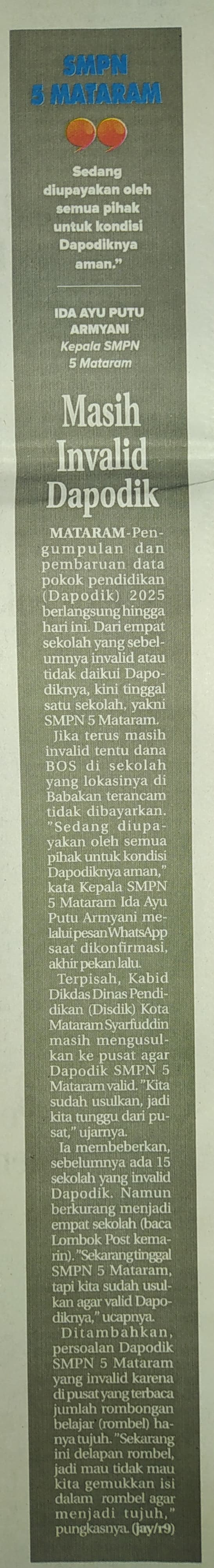 SMPN 5 Mataram Masih Invalid Dapodik