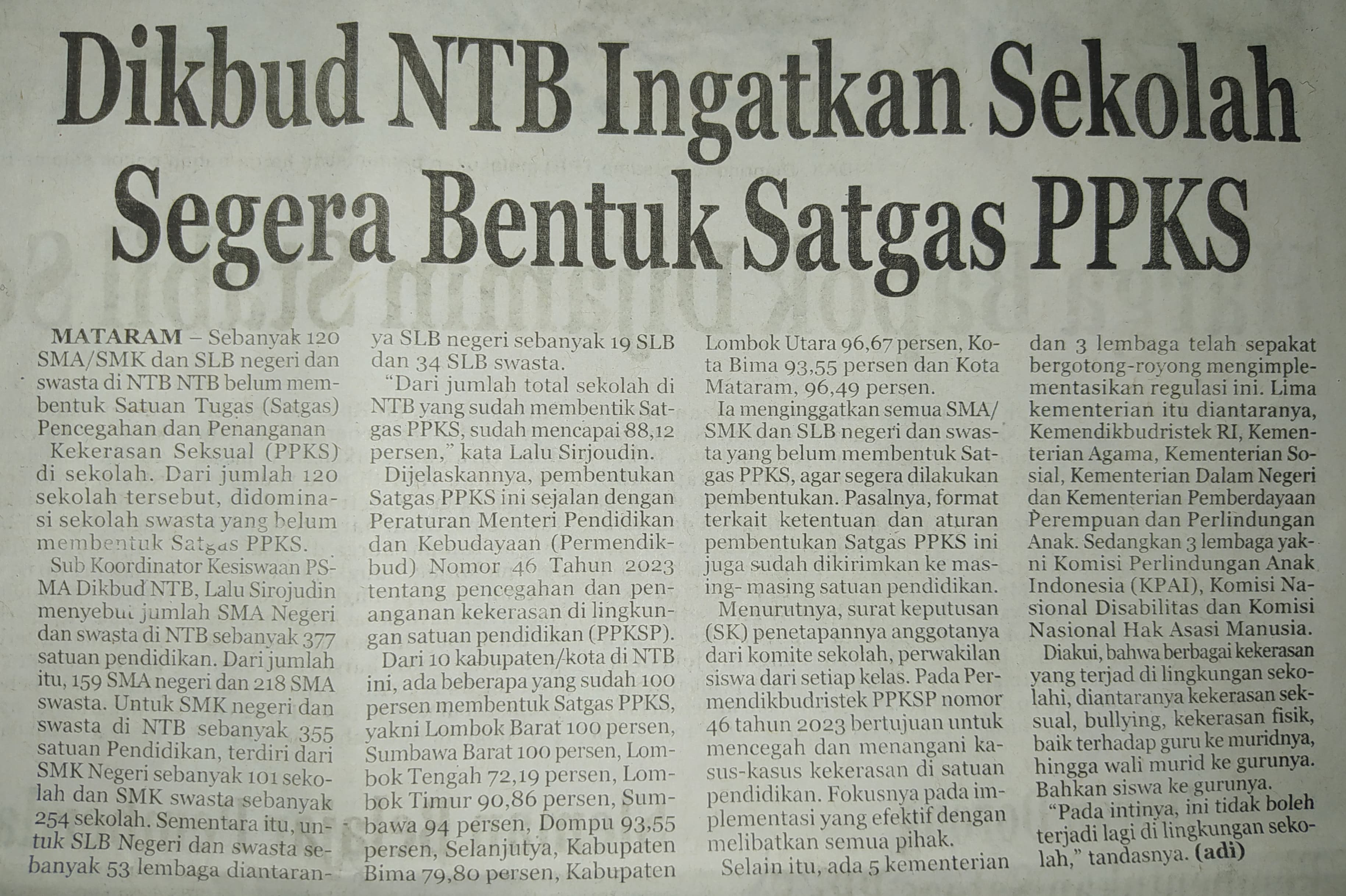 Dikbud NTB Ingatkan Sekolah Segera Bentuk Satgas PPKS