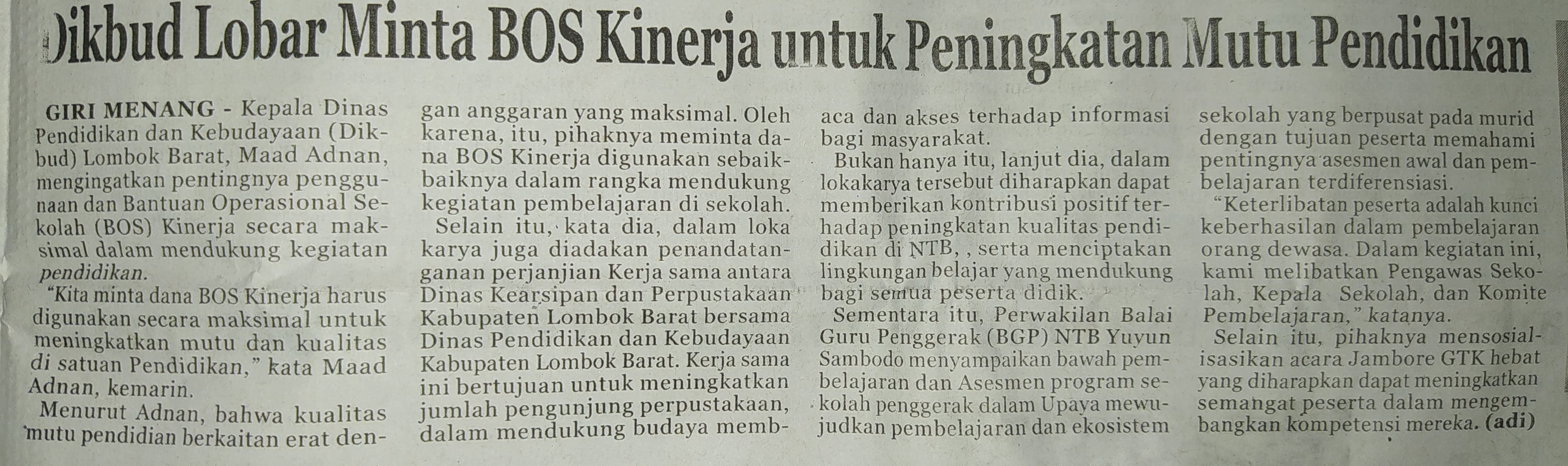 Dikbud Lobar Minta BOS Kinerja untuk Peningkatan Mutu Pendidikan