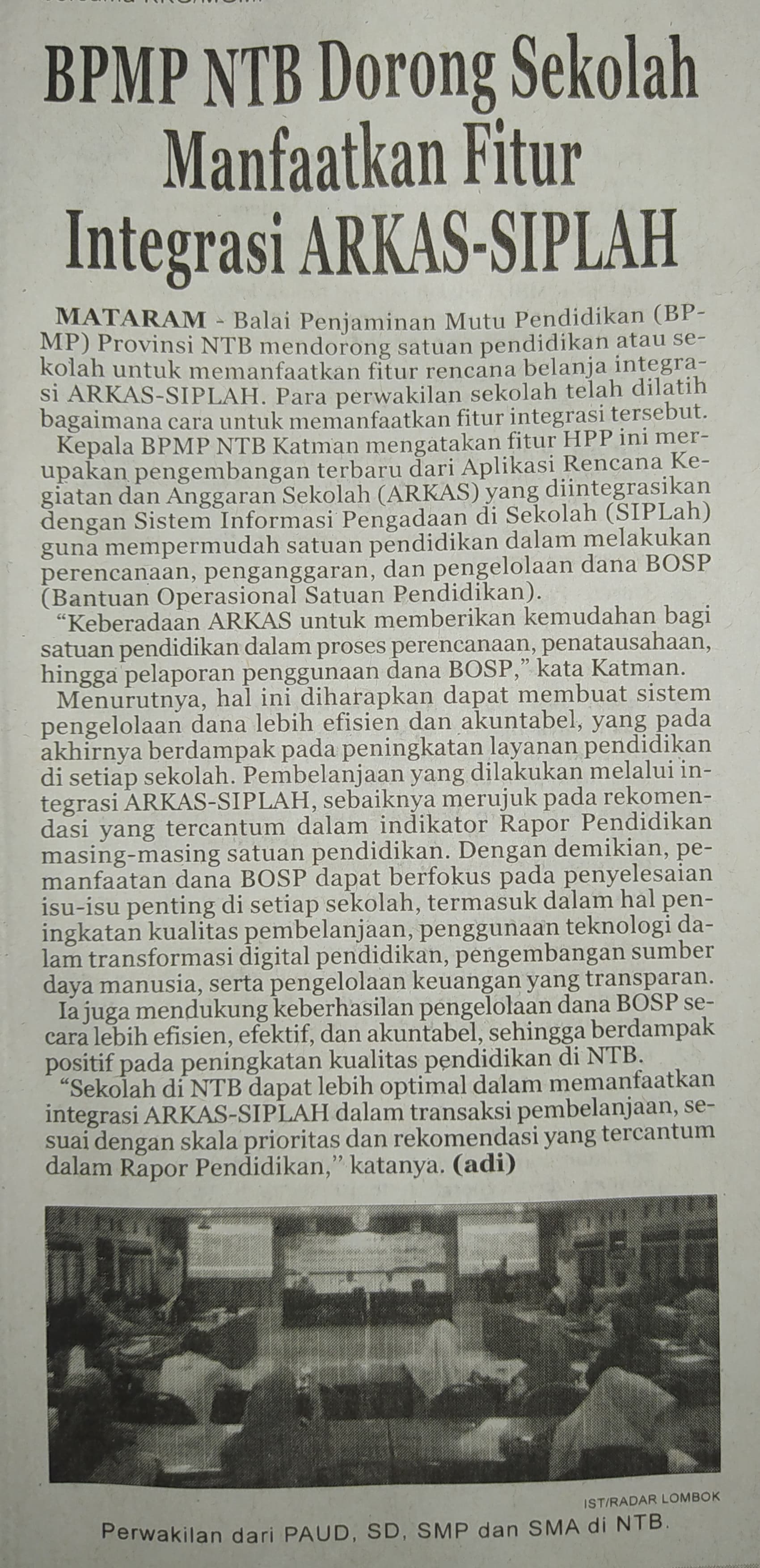 BPMP NTB Dorong Sekolah Manfaatkan Fitur Integrasi ARKAS-SIPLAH