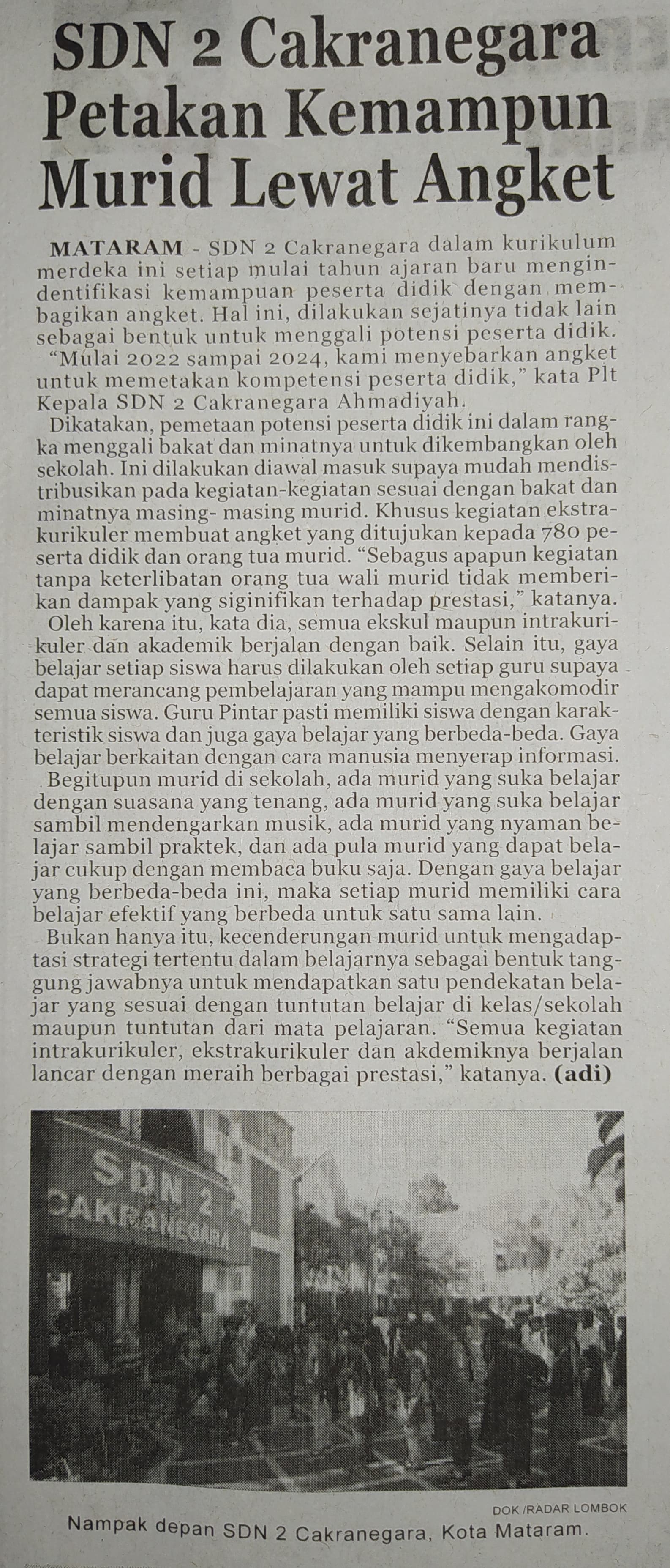 SDN 2 Cakranegara Petakan Kemampuan Murid Lewat Angket