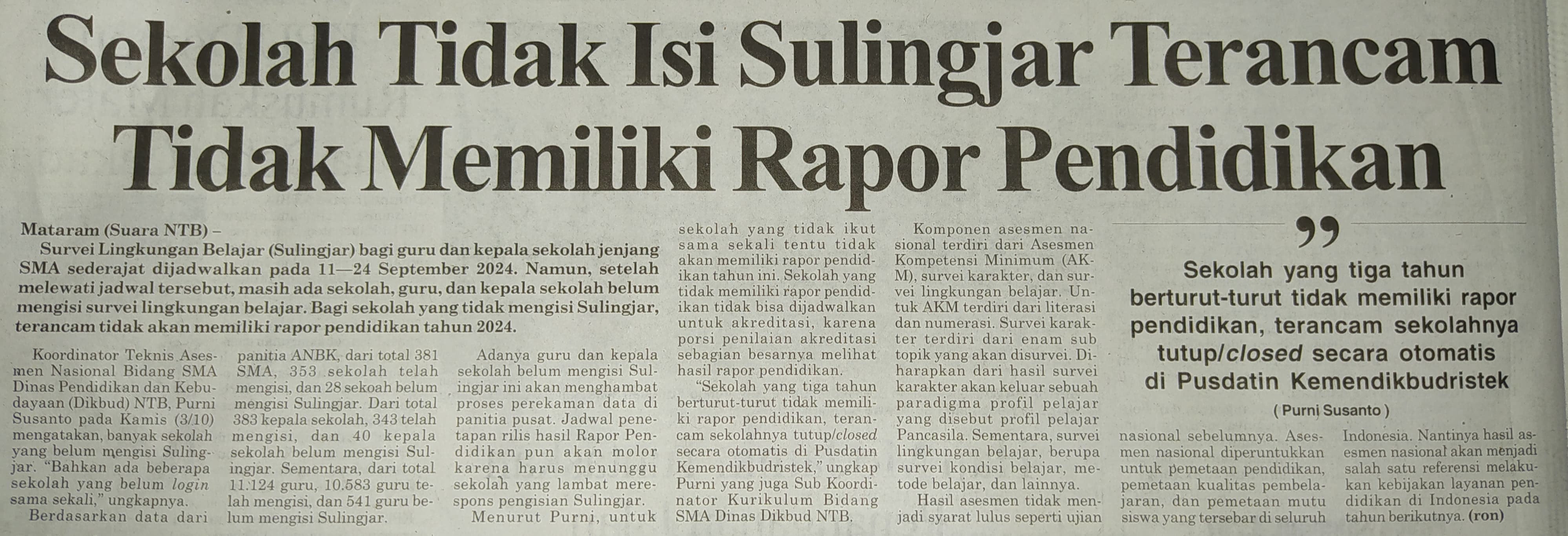 Sekolah Tidak Isi Sulingjar Terancam Tidak Memiliki Rapor Pendidikan