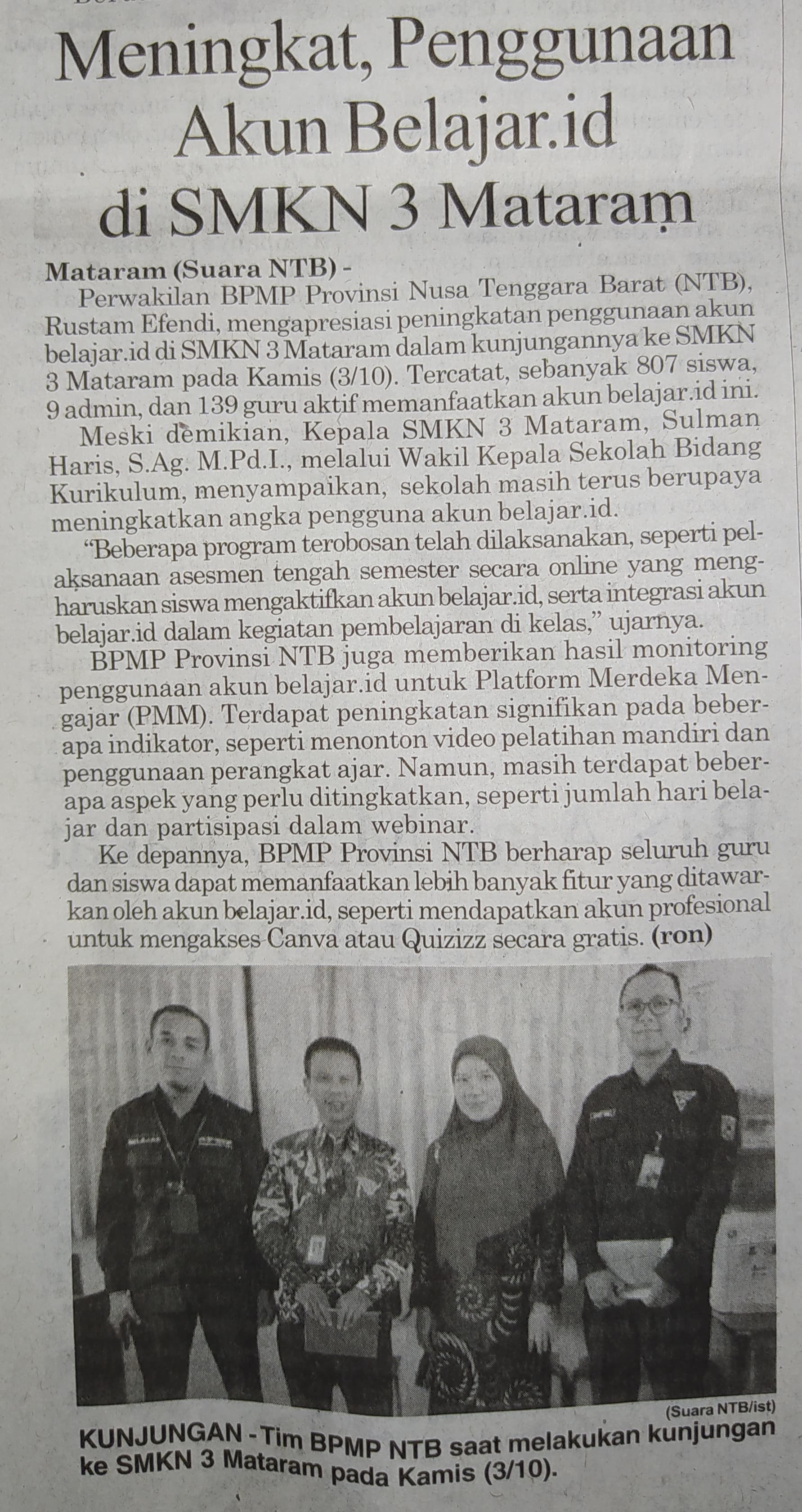 Meningkat, Penggunaan Akun Belajar.id di SMKN 3 Mataram