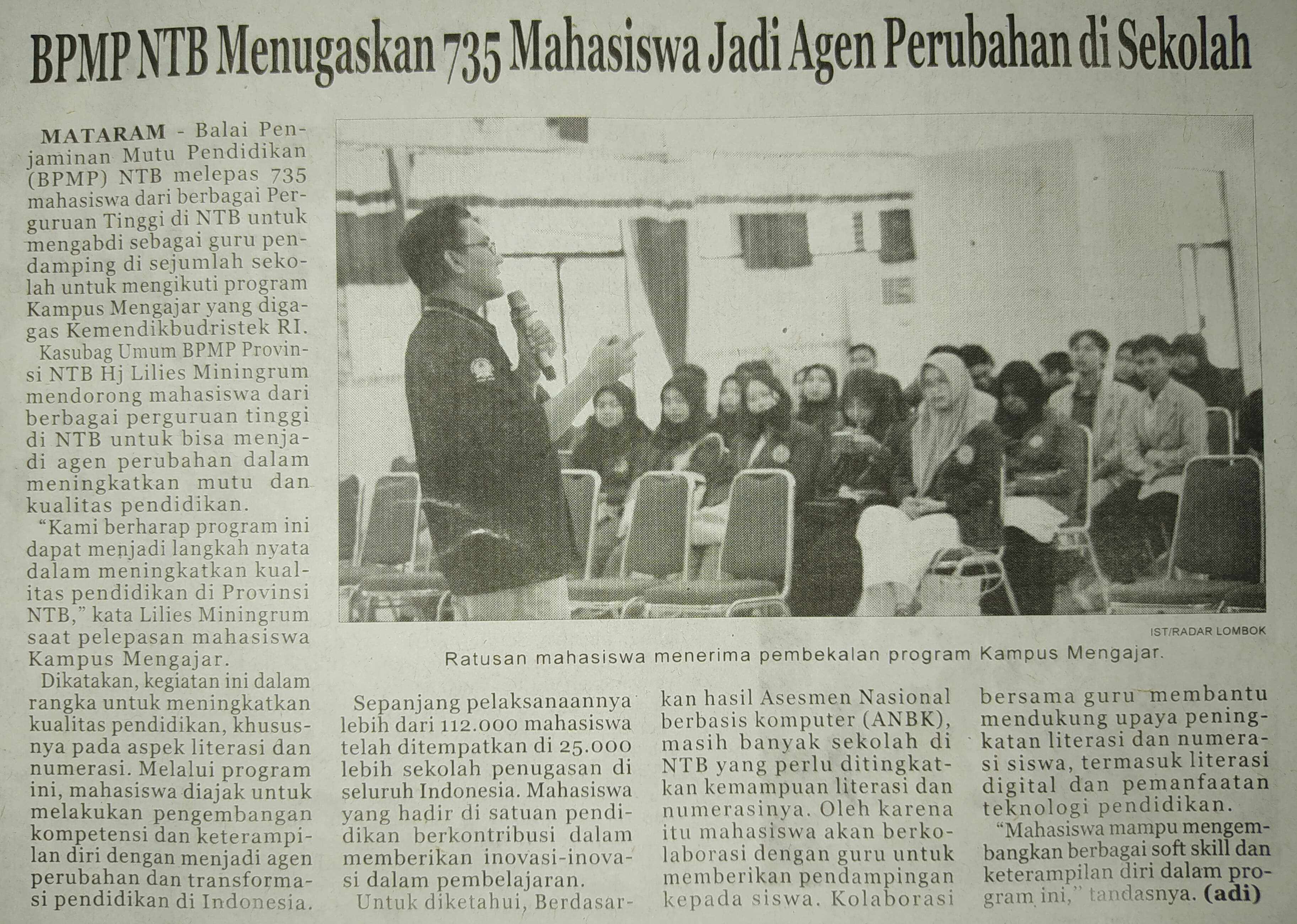 BPMP NTB Menugaskan 735 Mahasiswa Jadi Agen Perubahan di Sekolah