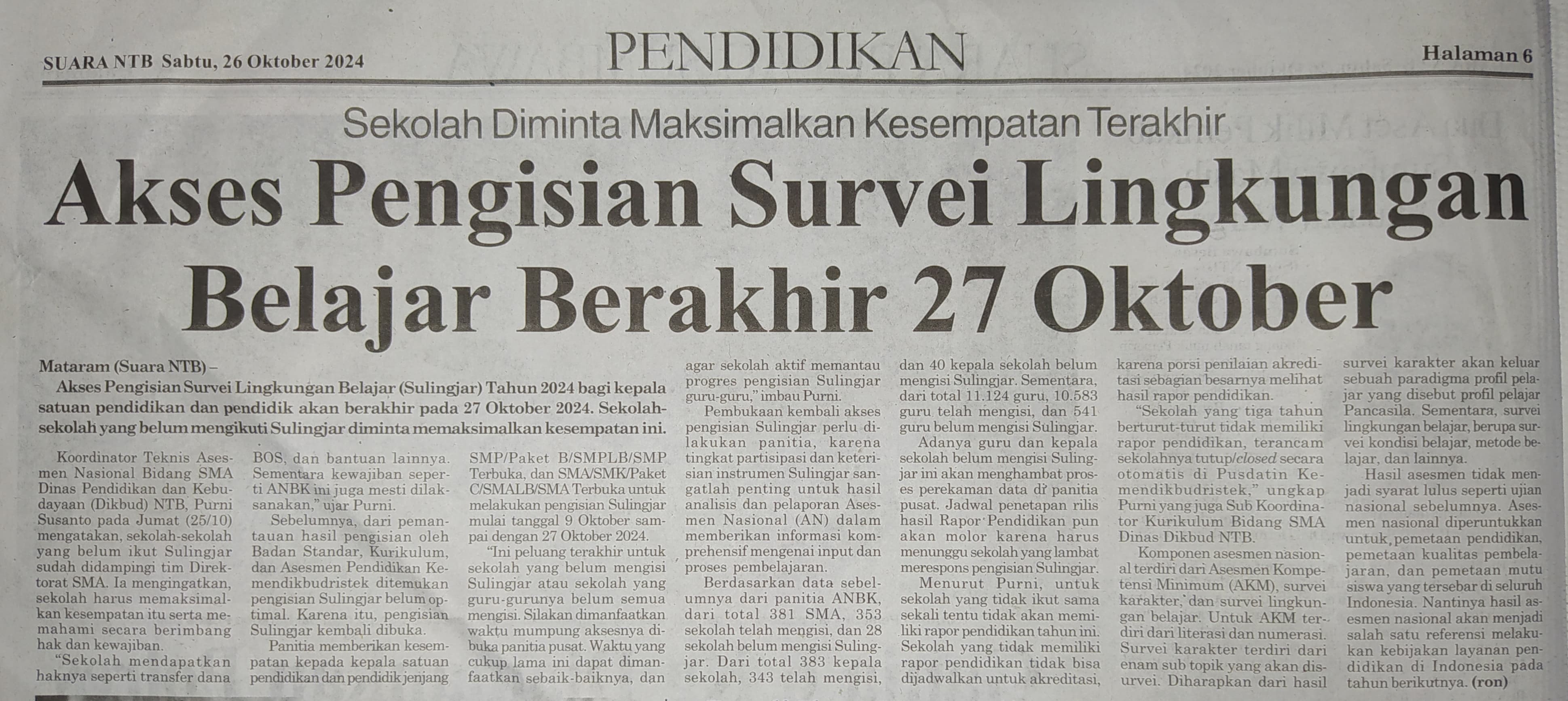 Sekolah Diminta Maksimalkan Kesempatan Terakhir, Akses Pengisian Survei Lingkungan Belajar Berakhir 27 Oktober