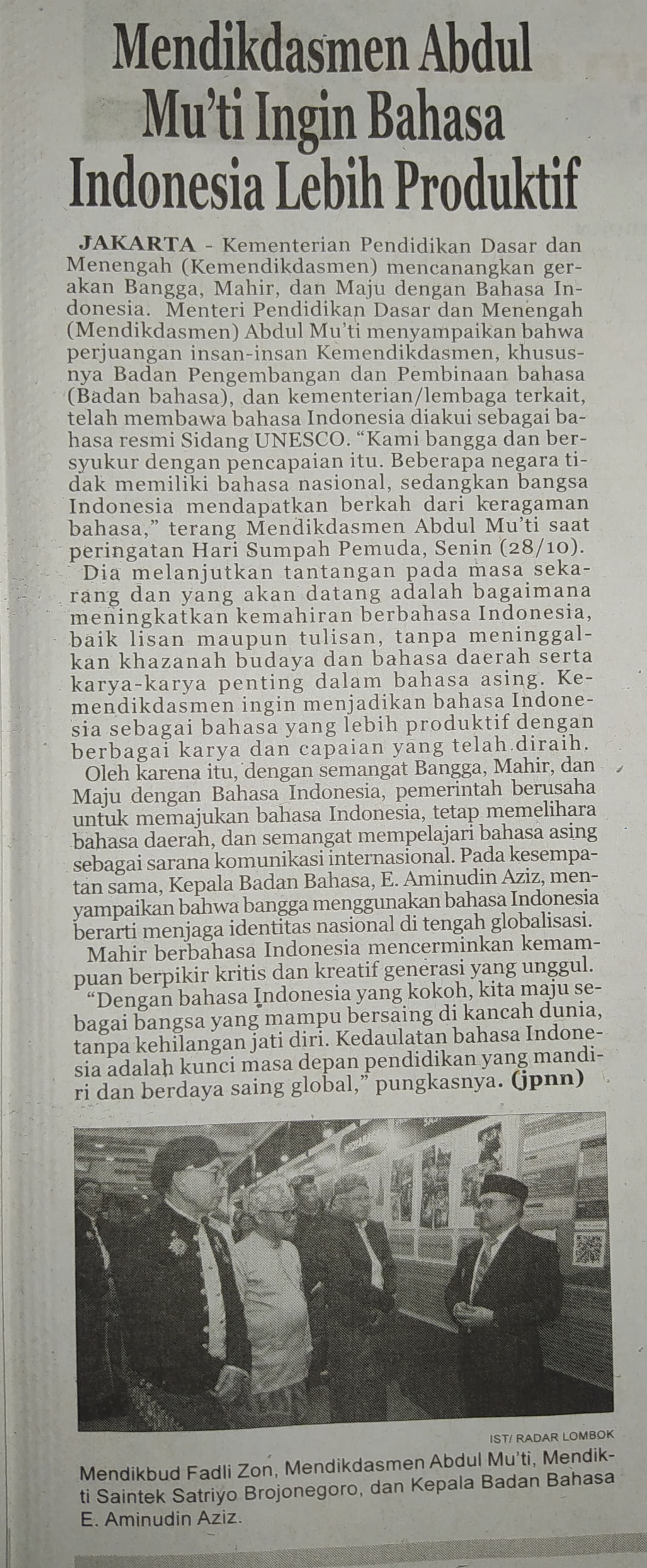 Mendikdasmen Abdul Mu'ti Ingin Bahasa Indonesia Lebih Produktif