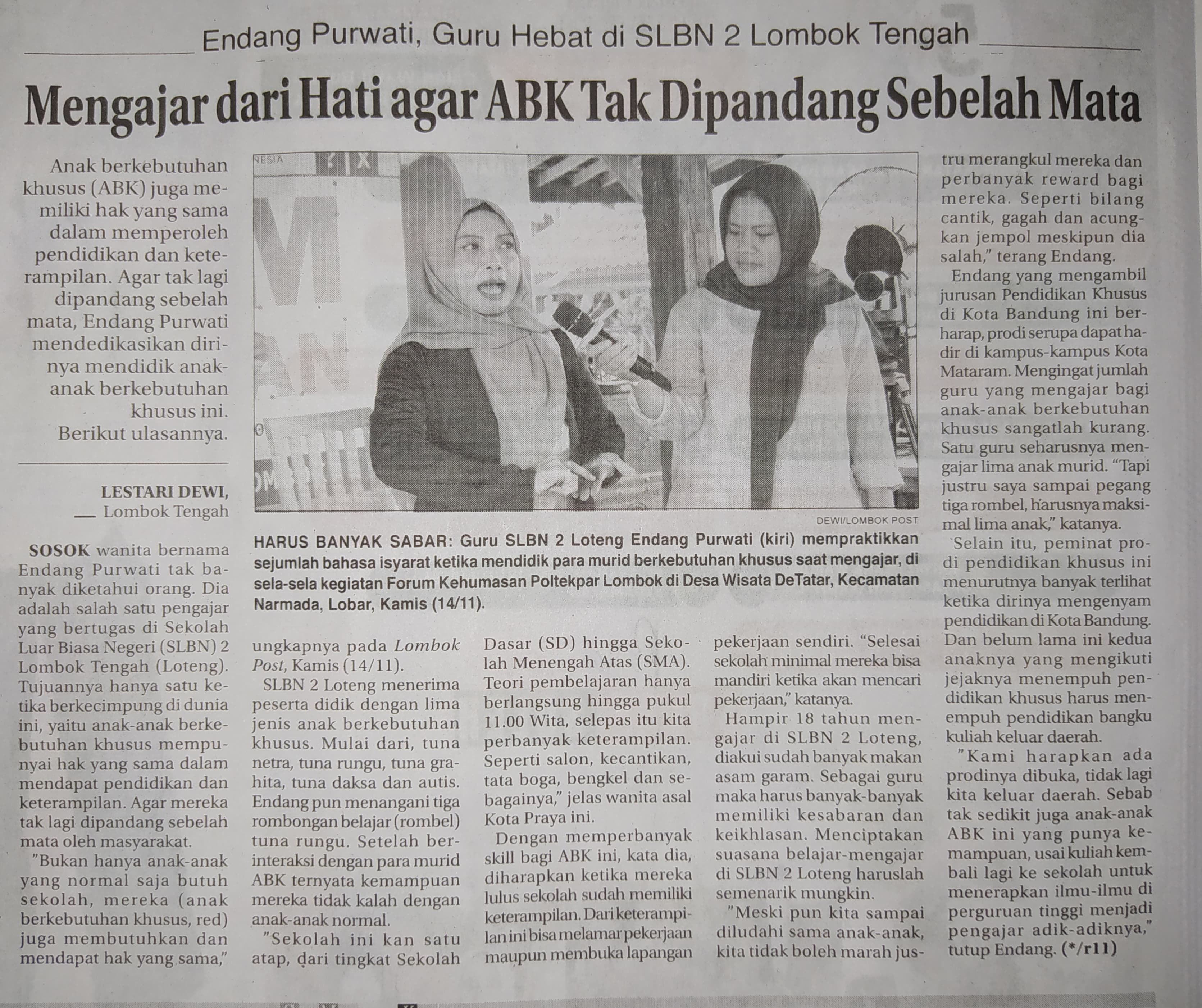 Endang Purwati, Guru Hebat di SLBN 2 Lombok Tengah. Mengajar dari Hati agar ABK Tak Dipandang Sebelah Mata