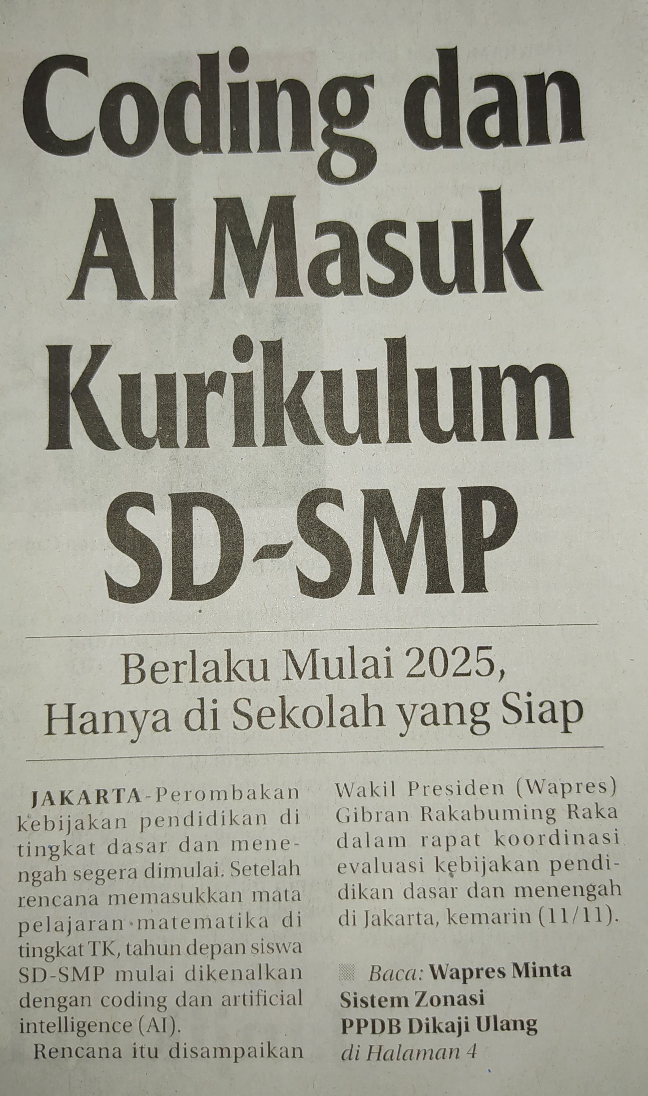 Coding dan AI Masuk Kurikulum SD-SMP. Berlaku Mulai 2025, Hanya di Sekolah yang Siap