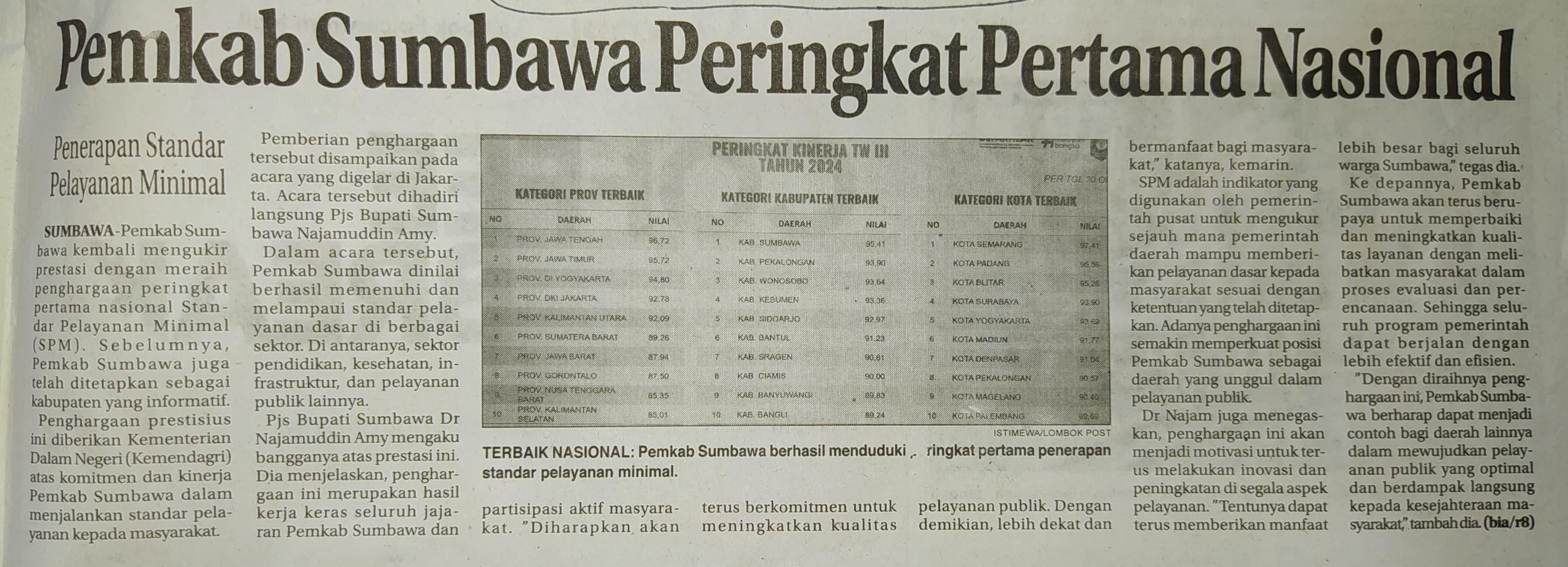 Pemkab Sumbawa Peringkat Pertama Nasional