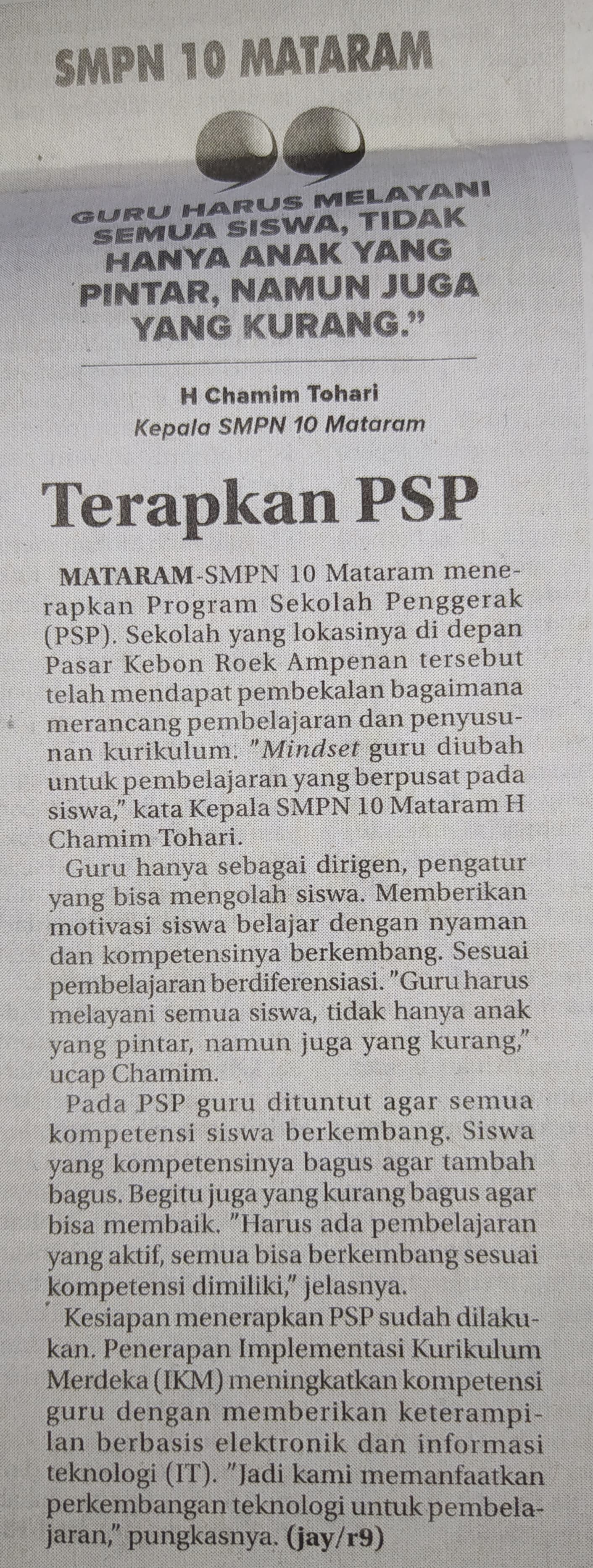 SMPN 10 Mataram, Terapkan PSP
