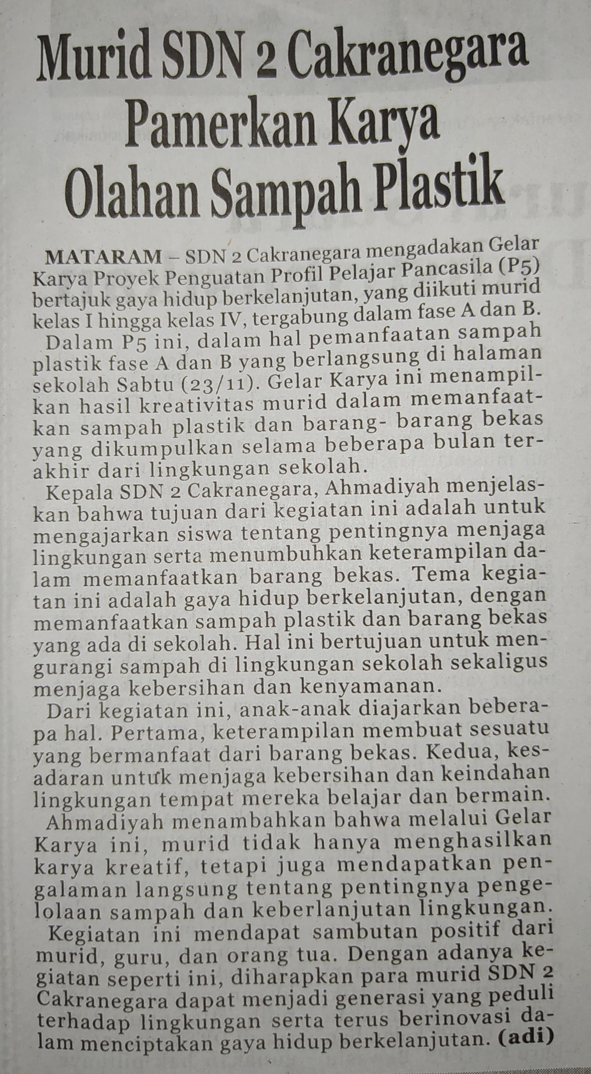 Murid SDN 2 Cakranegara Pamerkan Karya Olahan Sampah Plastik