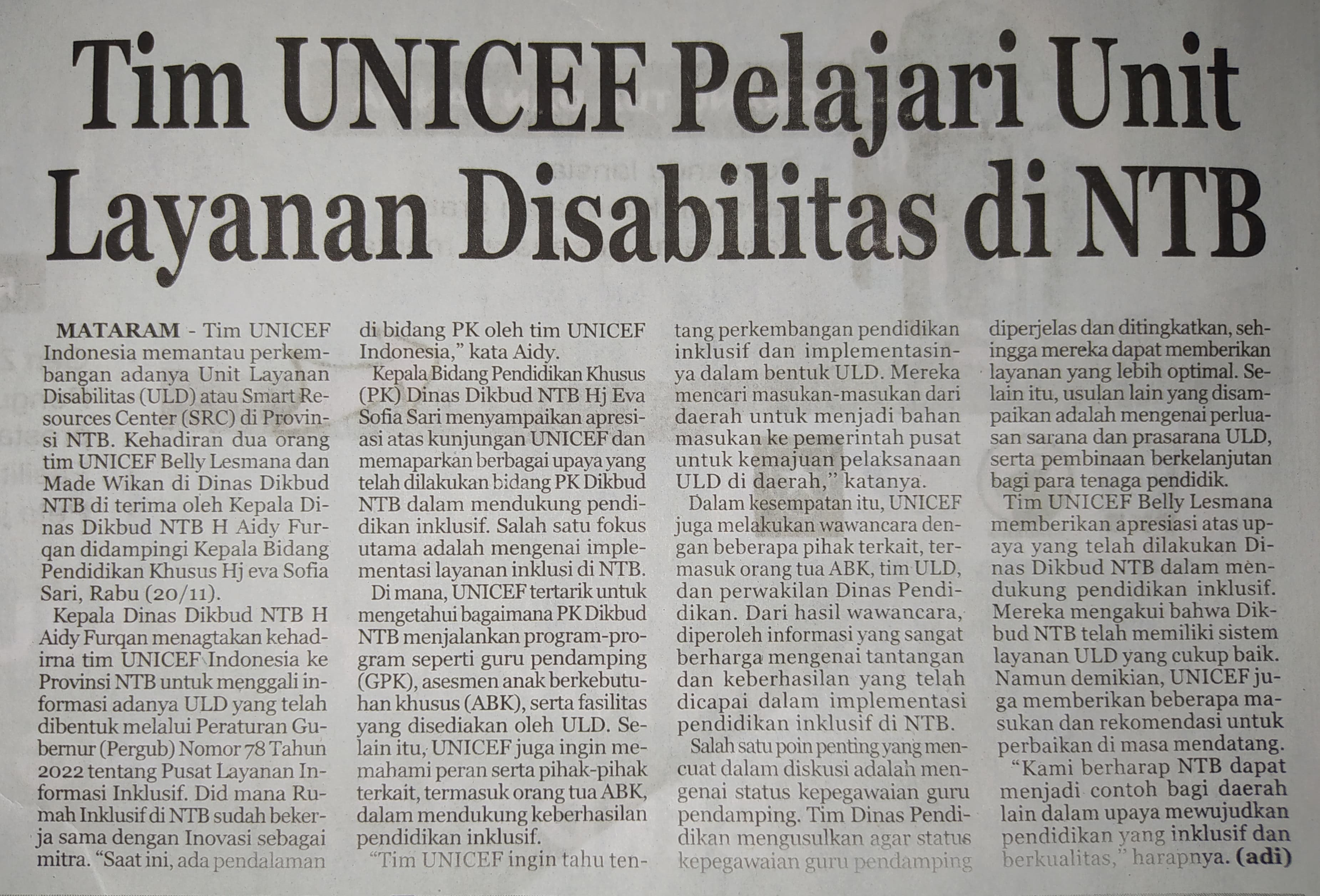 Tim UNICEF Pelajari Unit Layanan Disabilitas di NTB