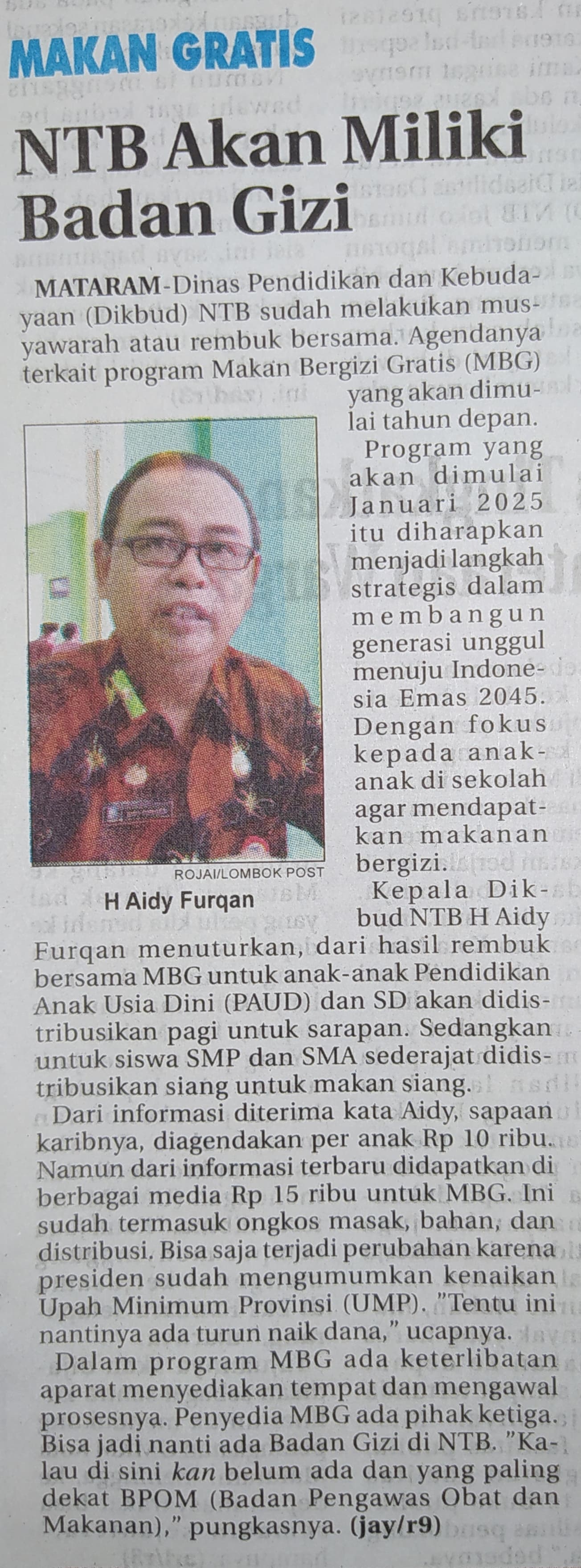 Makan Gratis, NTB Akan Miliki Badan Gizi