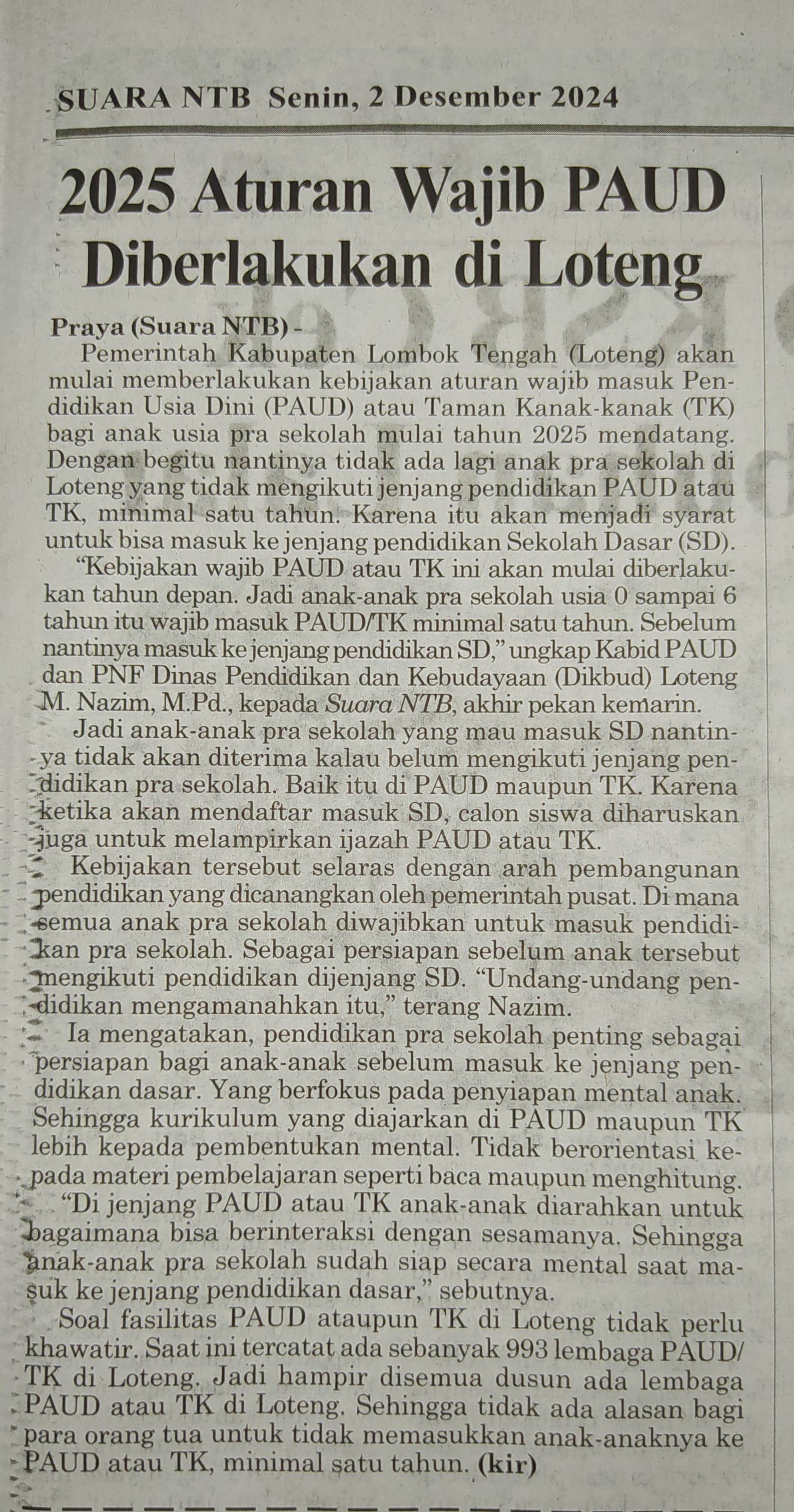 2025 Aturan Wajib PAUD Diberlakukan di Loteng