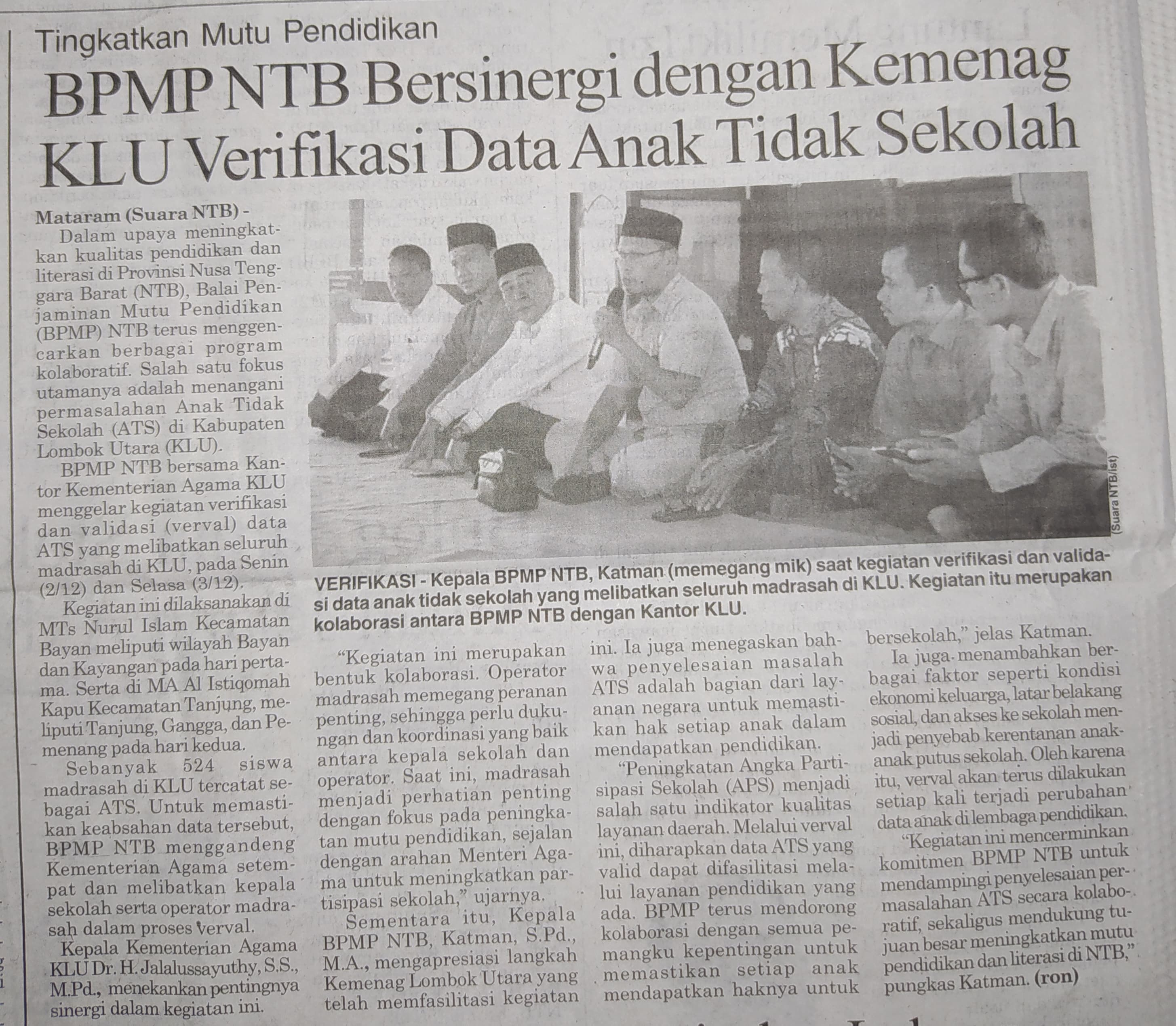 BPMP NTB Bersinergi Dengan Kemenag KLU Verifikasi Data Anak Tidak Sekolah