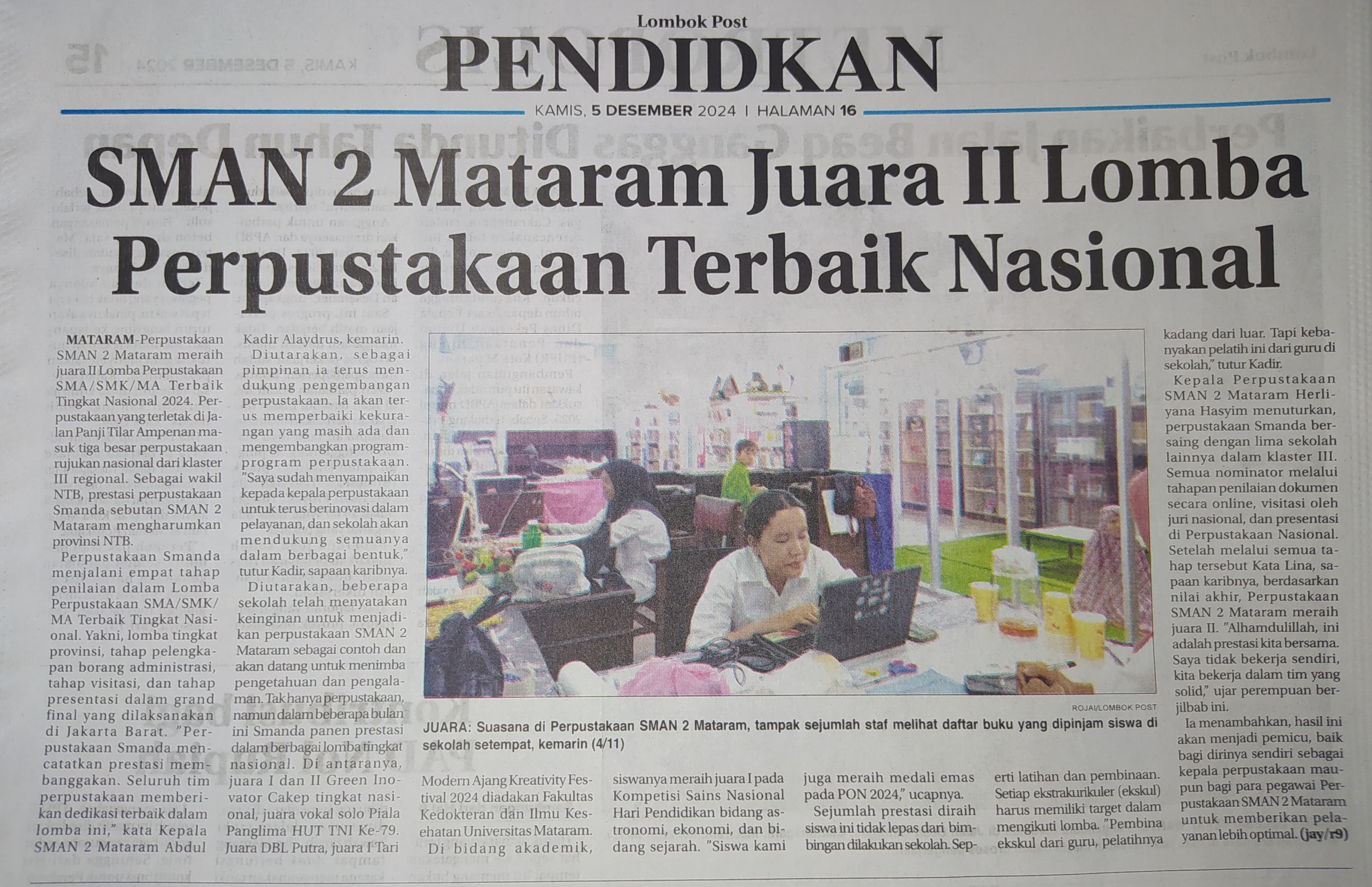 SMAN 2 Mataram Juara II Lomba Perpustakaan Terbaik Nasional