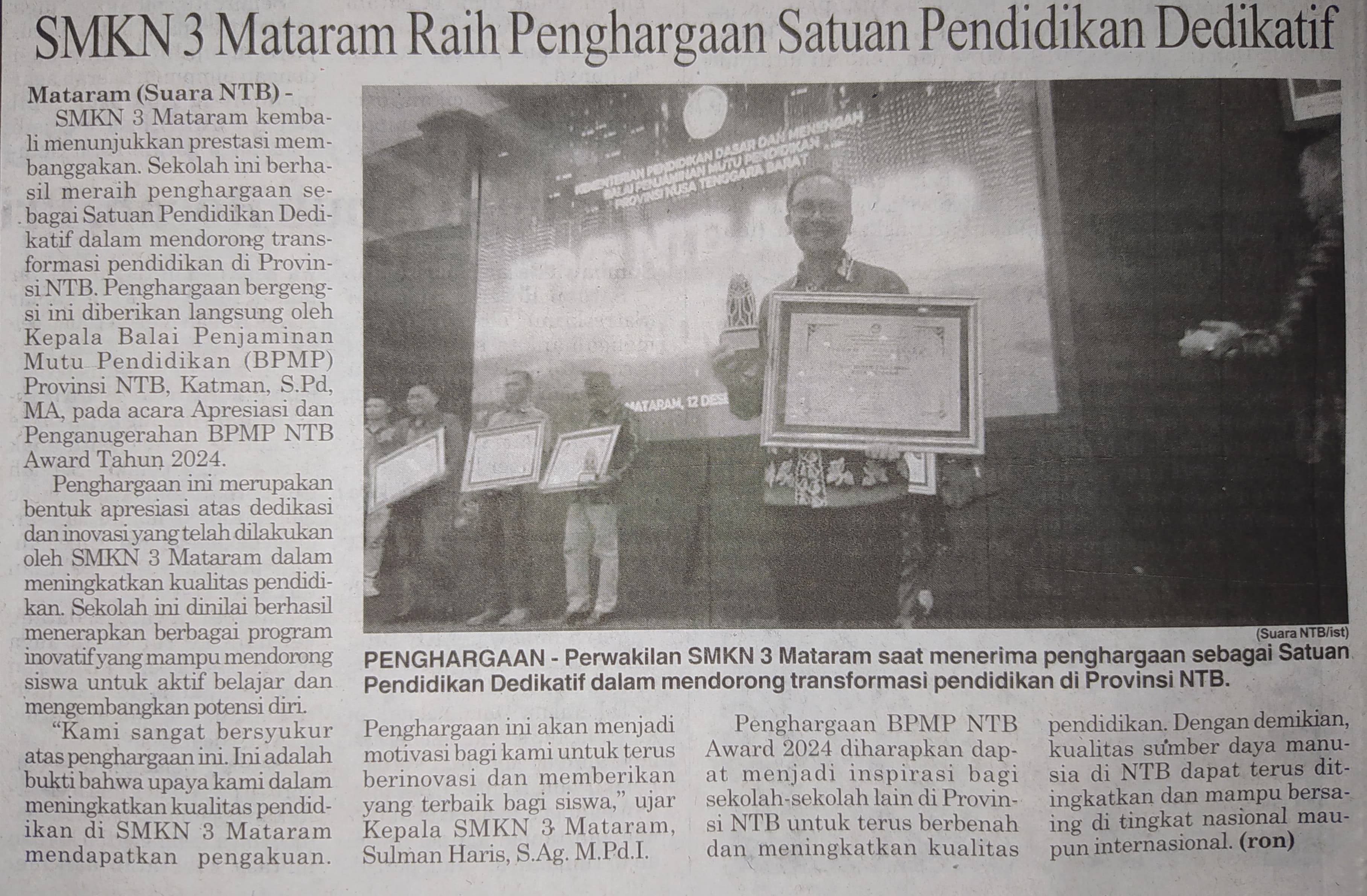 SMKN 3 Mataram Raih Penghargaan Satuan Pendidikan Dedikatif