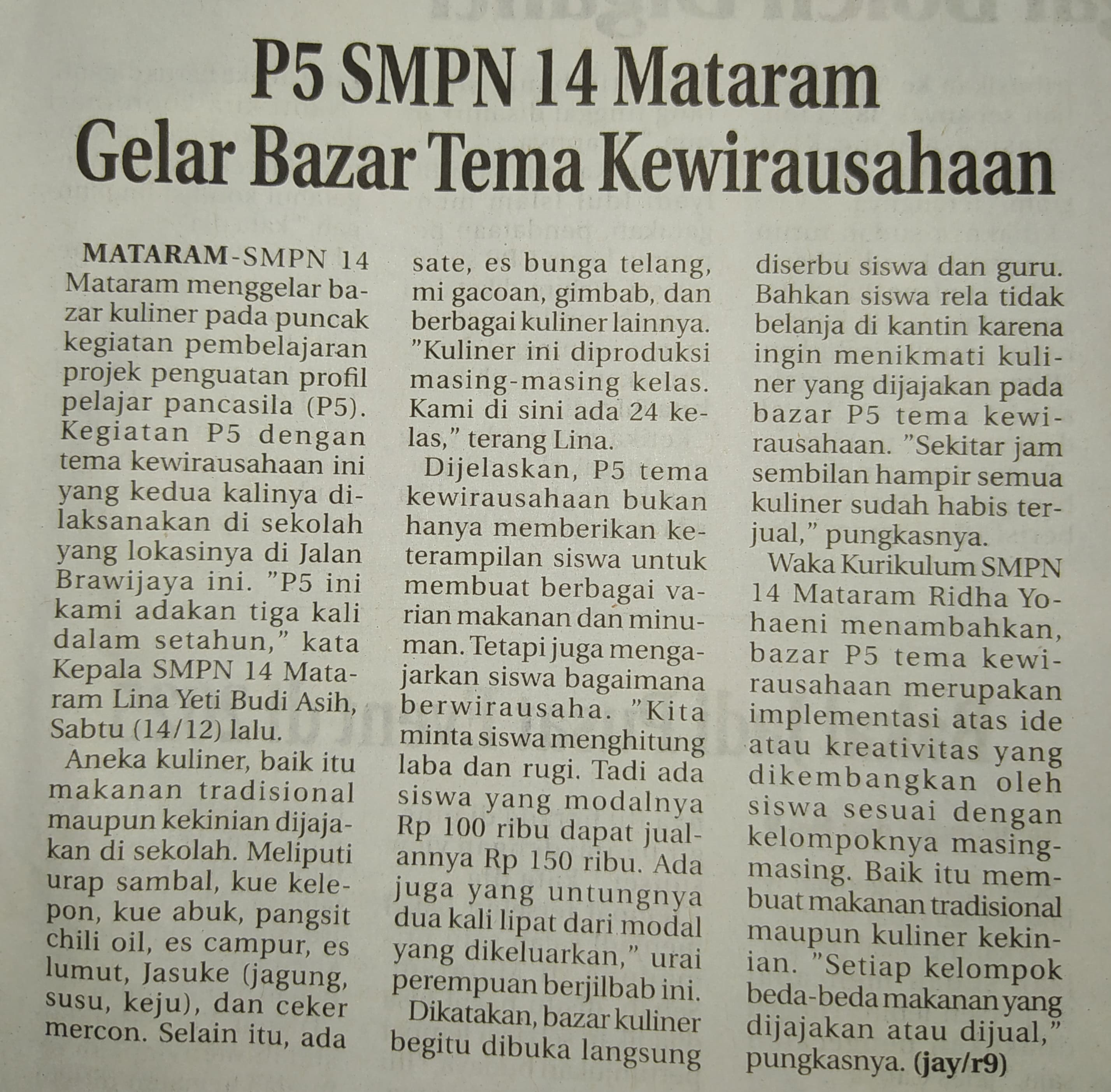 P5 SMPN 14 Mataram Gelar Bazar Tema Kewirausahaan