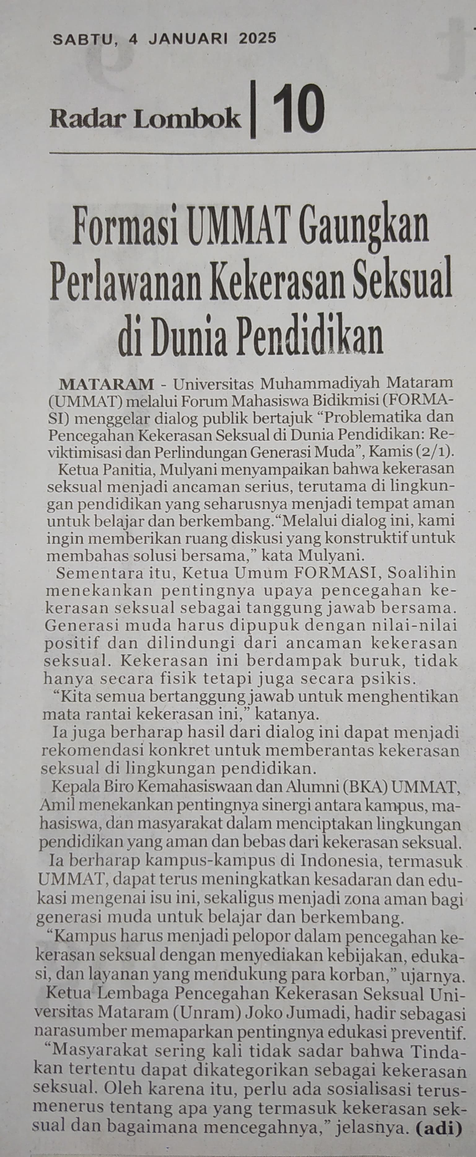 Formasi UMMAT Gaungkan Perlawanan Kekerasan Seksual di Dunia Pendidikan
