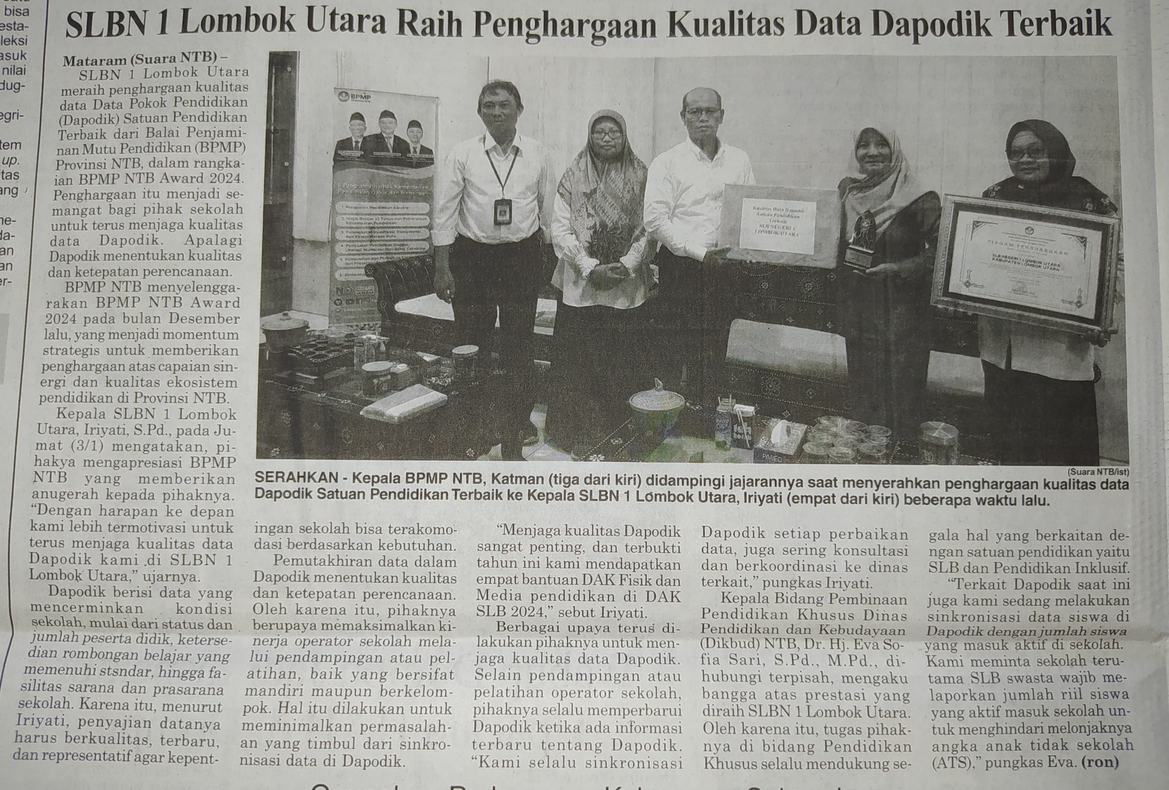 SLBN 1 Lombok Utara Raih Penghargaan Kualitas Data Dapodik Terbaik