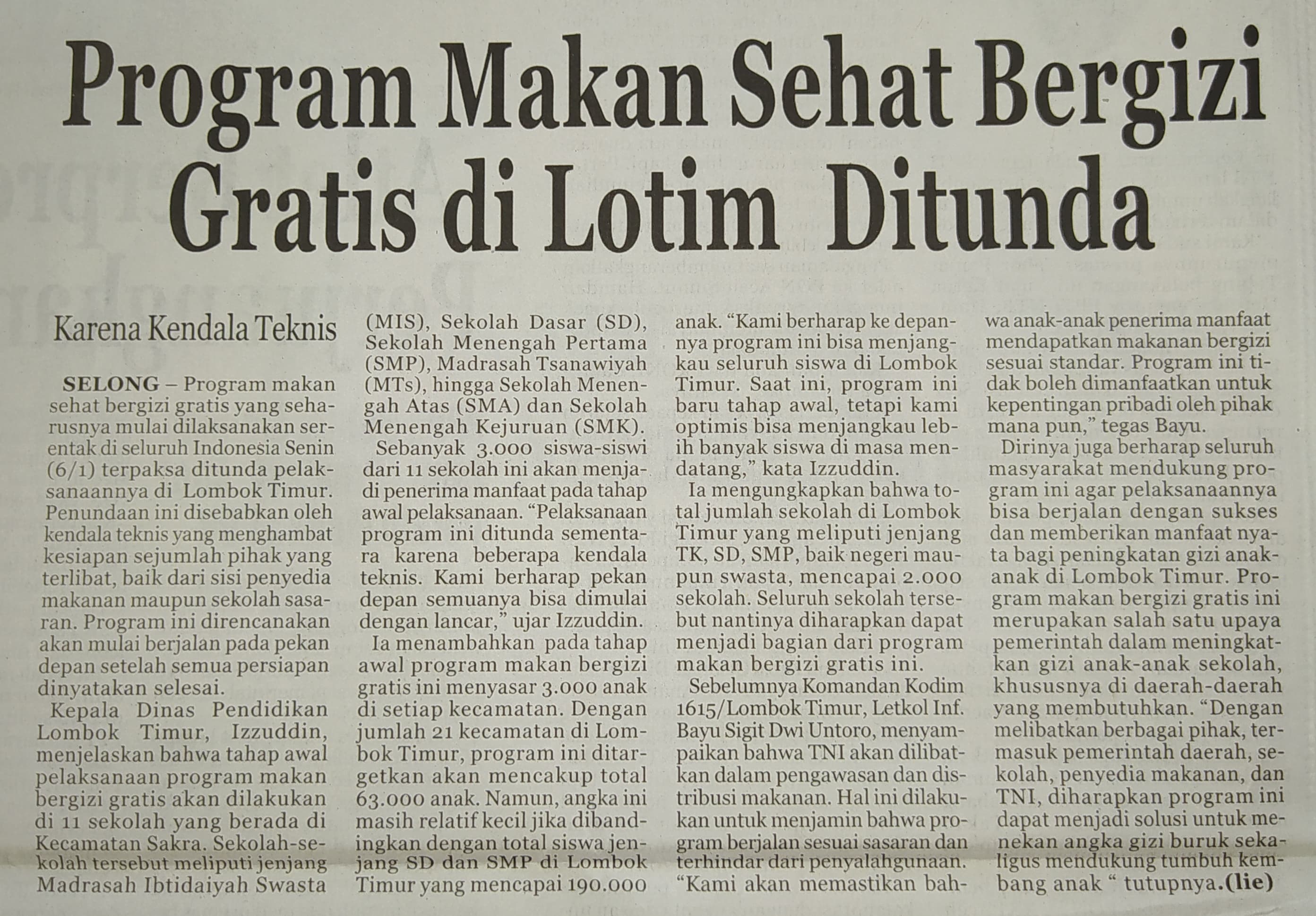Program Makan Sehat Bergizi Gratis di Lotim Ditunda