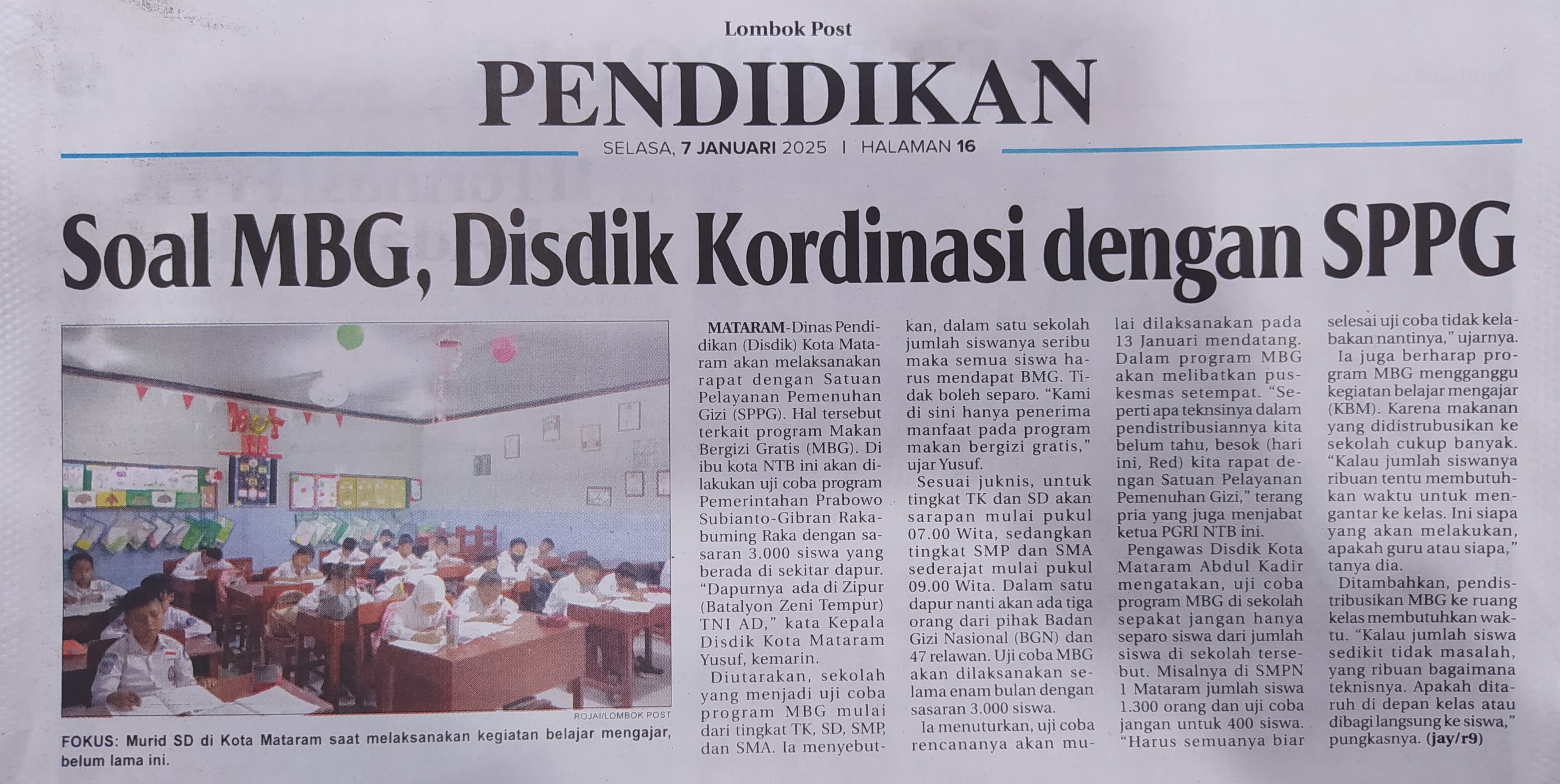 Soal MBG, Disdik Kordinasi dengan SPPG