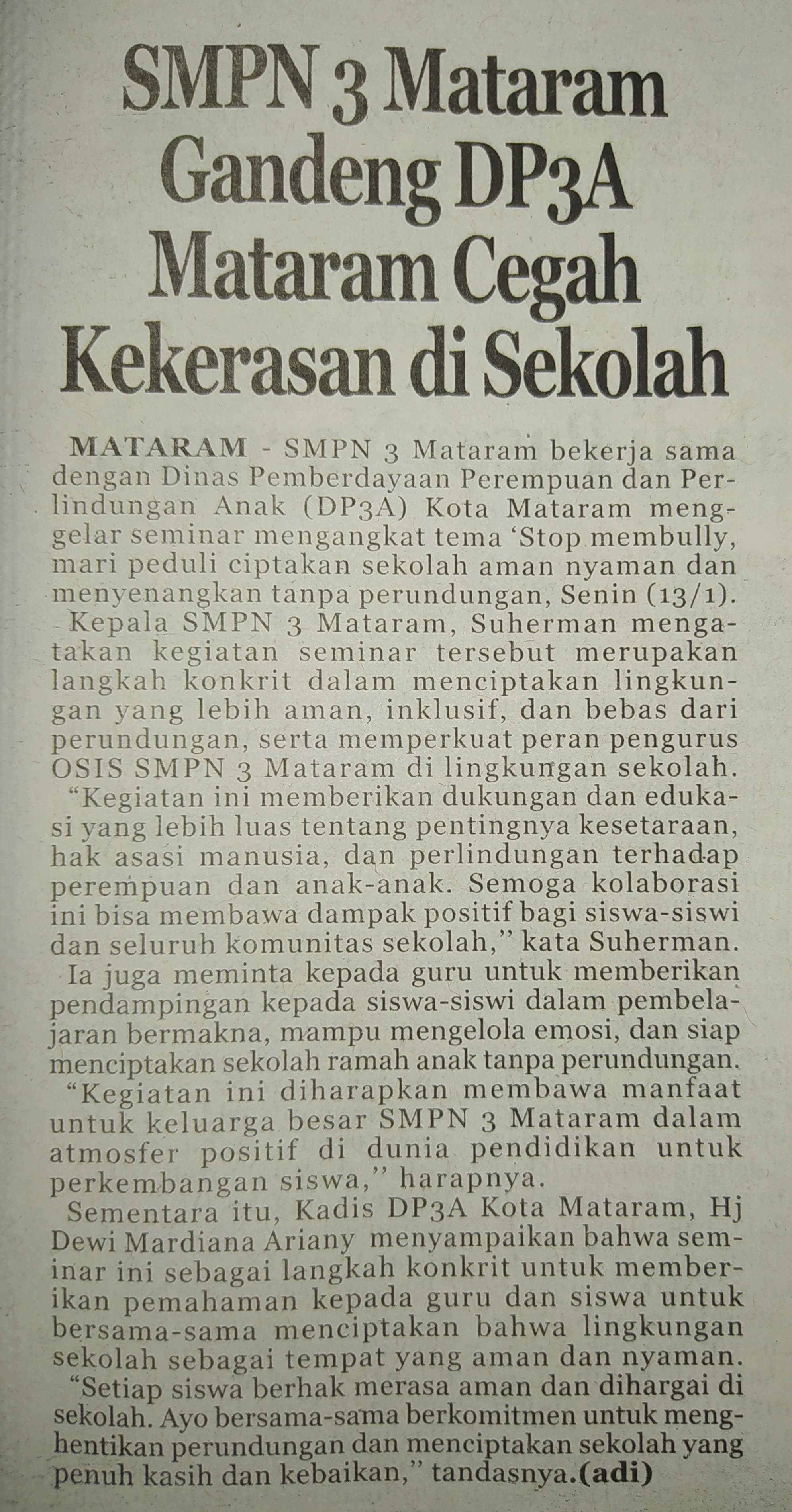 SMPN 3 Mataram Gandeng DP3A Mataram Cegah Kekerasan Di Sekolah