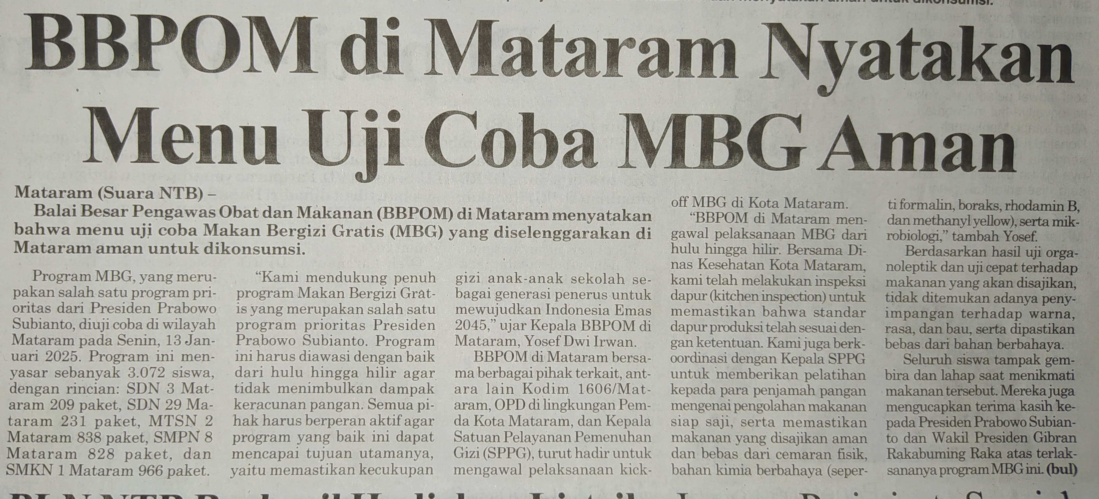 BBPOM Di Mataram Nyatakan Menu Uji Coba MBG Aman
