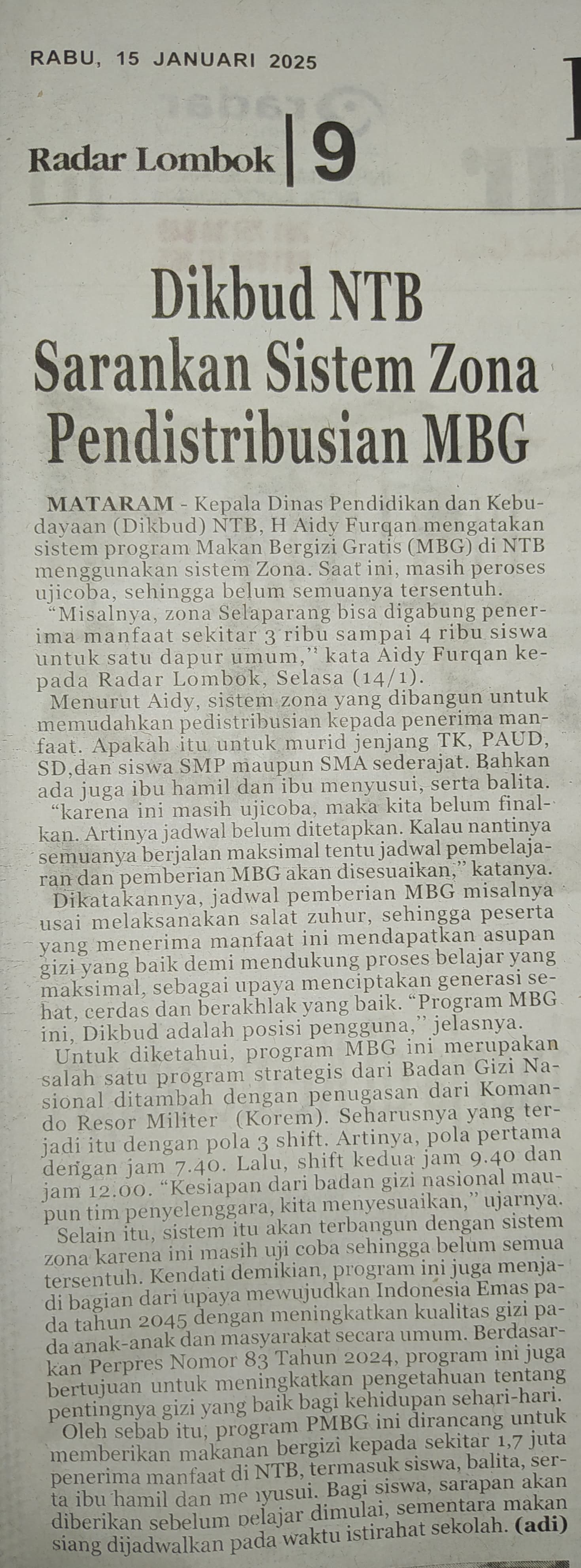 Dikbud NTB Sarankan Sistem Zona Pendistribusian MBG