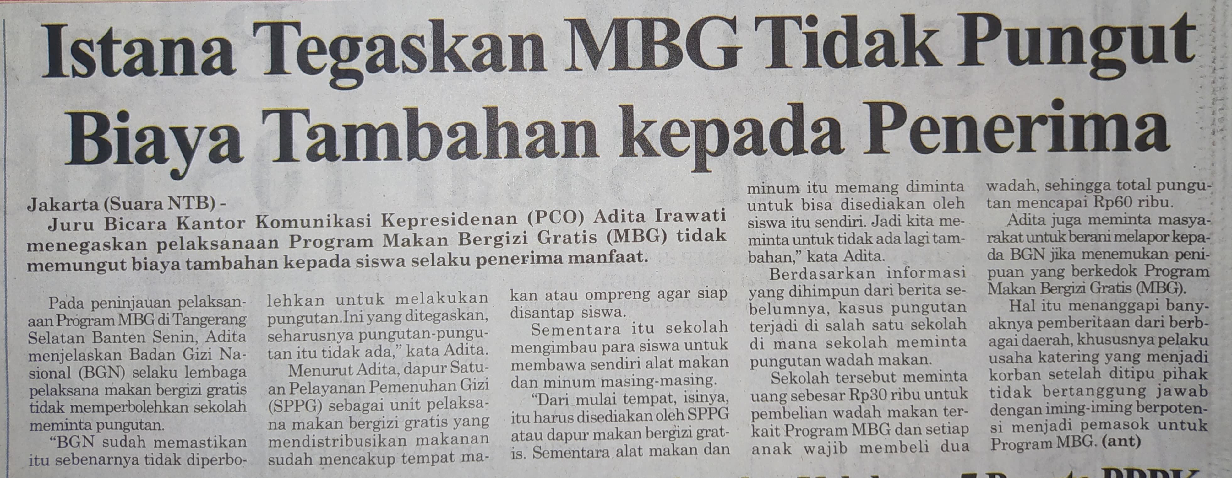 Istana Tegaskan MBG Tidak Pungut Biaya Tambahan Kepada Penerima