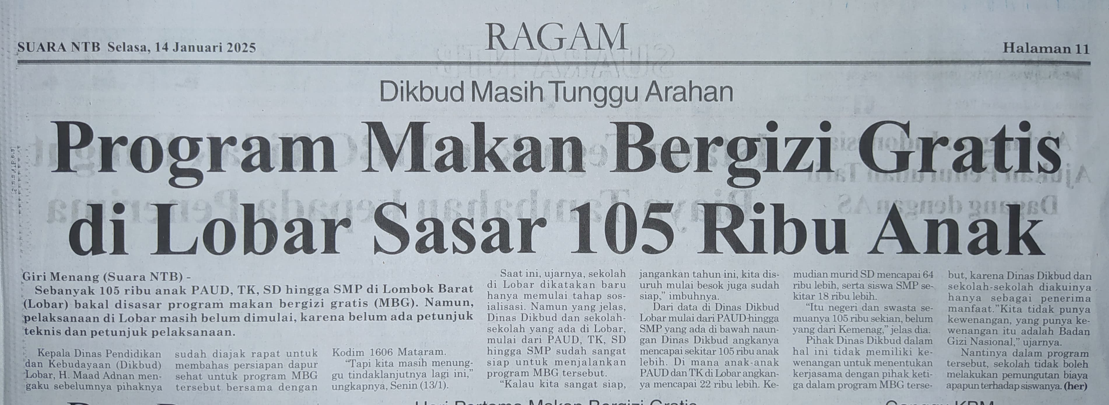 Dikbud Masih Tunggu Arahan, Program Makan Bergizi Gratis Di Lobar Sasar 105 Ribu Anak