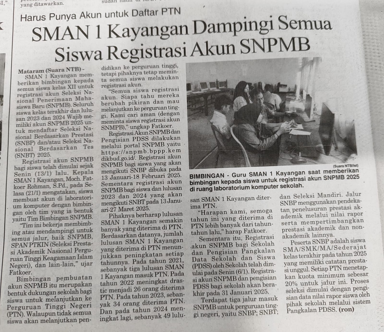 SMAN 1 Kayangan Dampingi Semua Siswa Registrasi Akun SNPMB