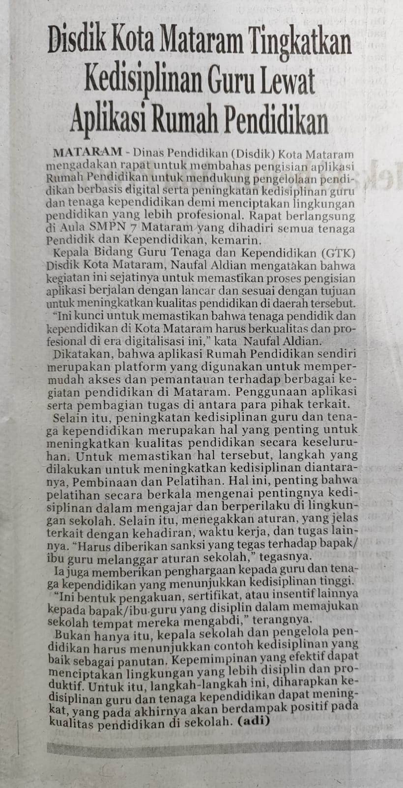 Disdik Kota Mataram Tingkatkan Kedisplinan Guru Lewat Aplikasi Rumah Pendidikan