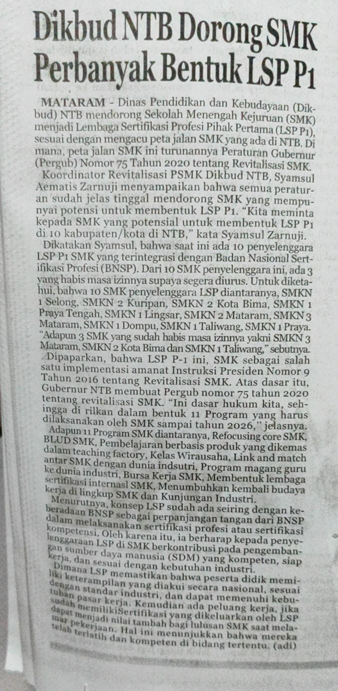 Dikbud NTB Dorong SMK Perbanyak Bentuk LSP P1