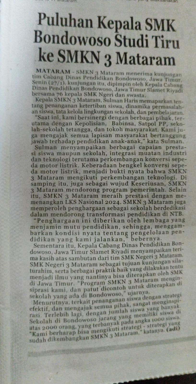 Puluhan Kepala SMK Bondowoso Studi Tiru Ke SMKN 3 Mataram