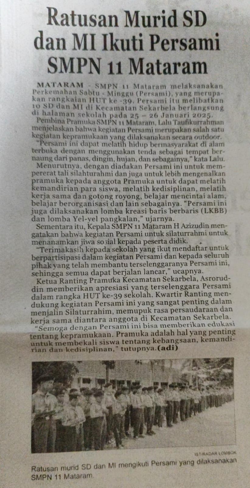 Ratusan Murid SD Dan MI Ikuti Persami SMPN 11 Mataram