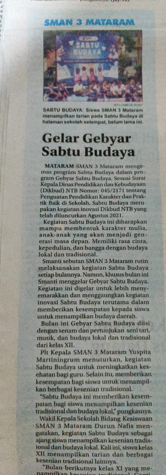 SMAN 3 Mataram Gelar Gebyar Sabtu Budaya