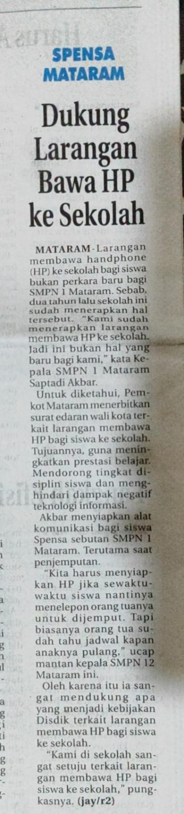 Spensa Mataram, Dukung Larangan Bawa HP Ke Sekolah