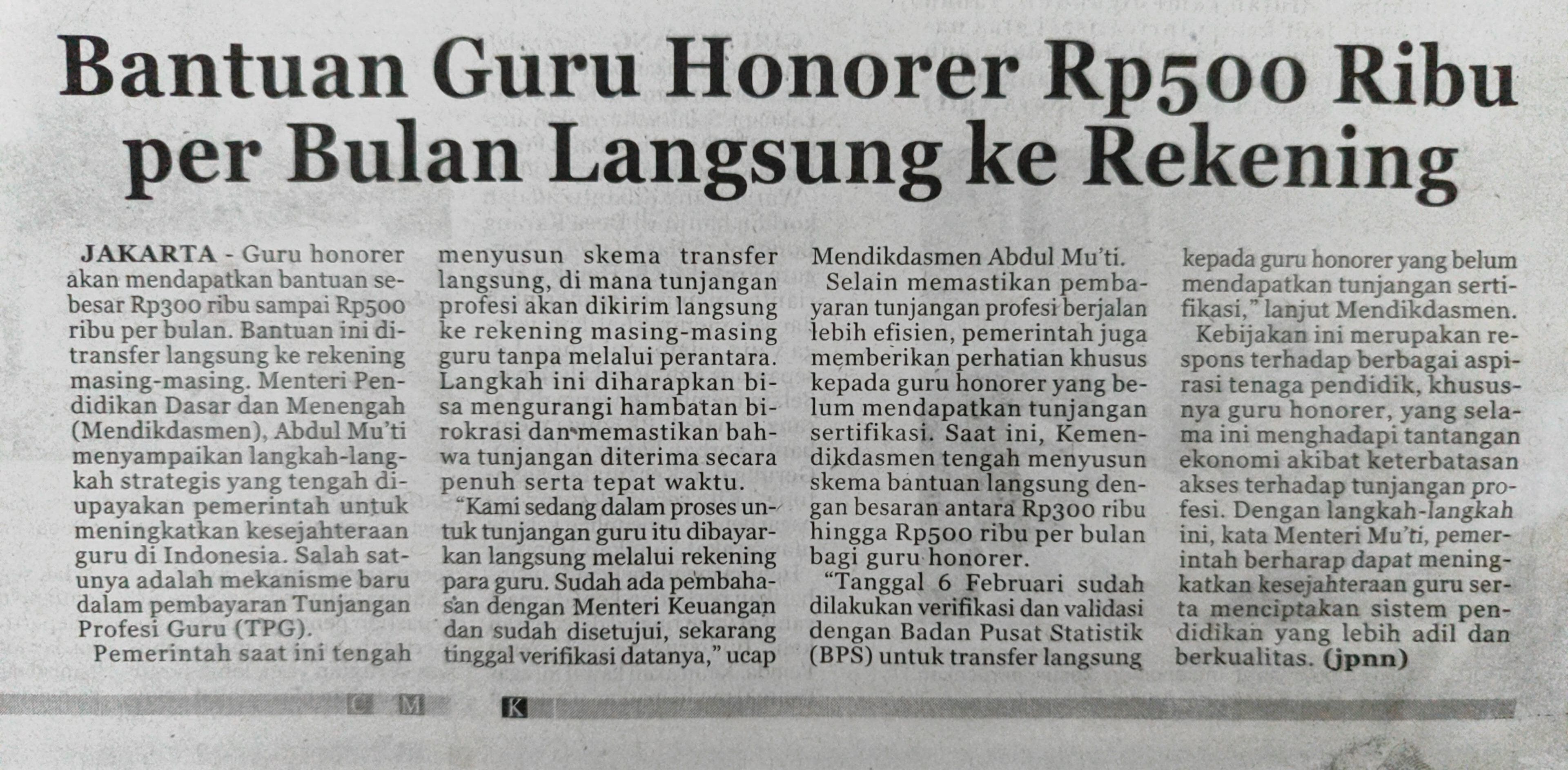 Bantuan Guru Honorer Rp. 500.000/Bulan Langsung Ke Rekening