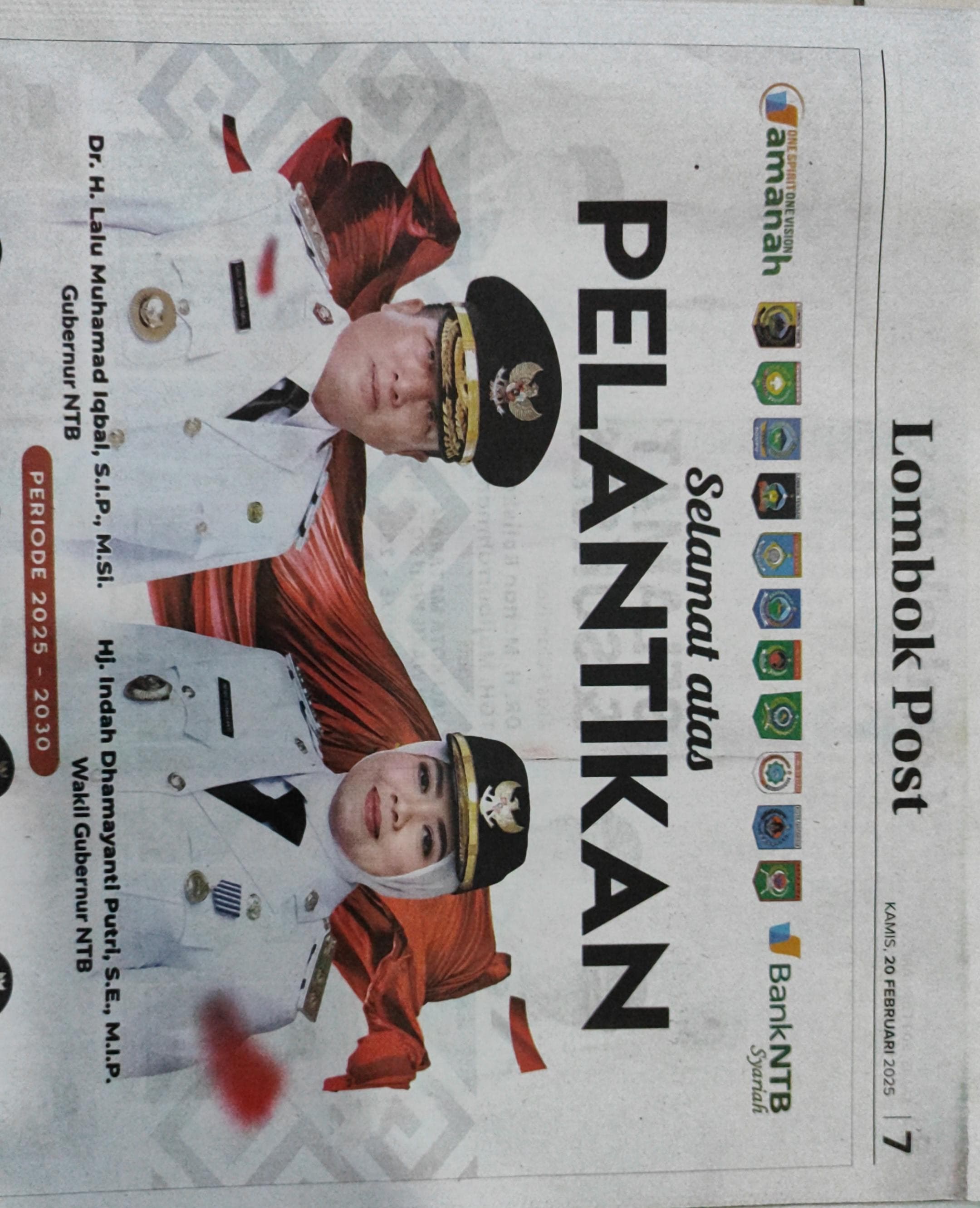 Selamat Atas Pelantikan Gubernur & Wakil Gubernur Prov. NTB Periode 2025-2030